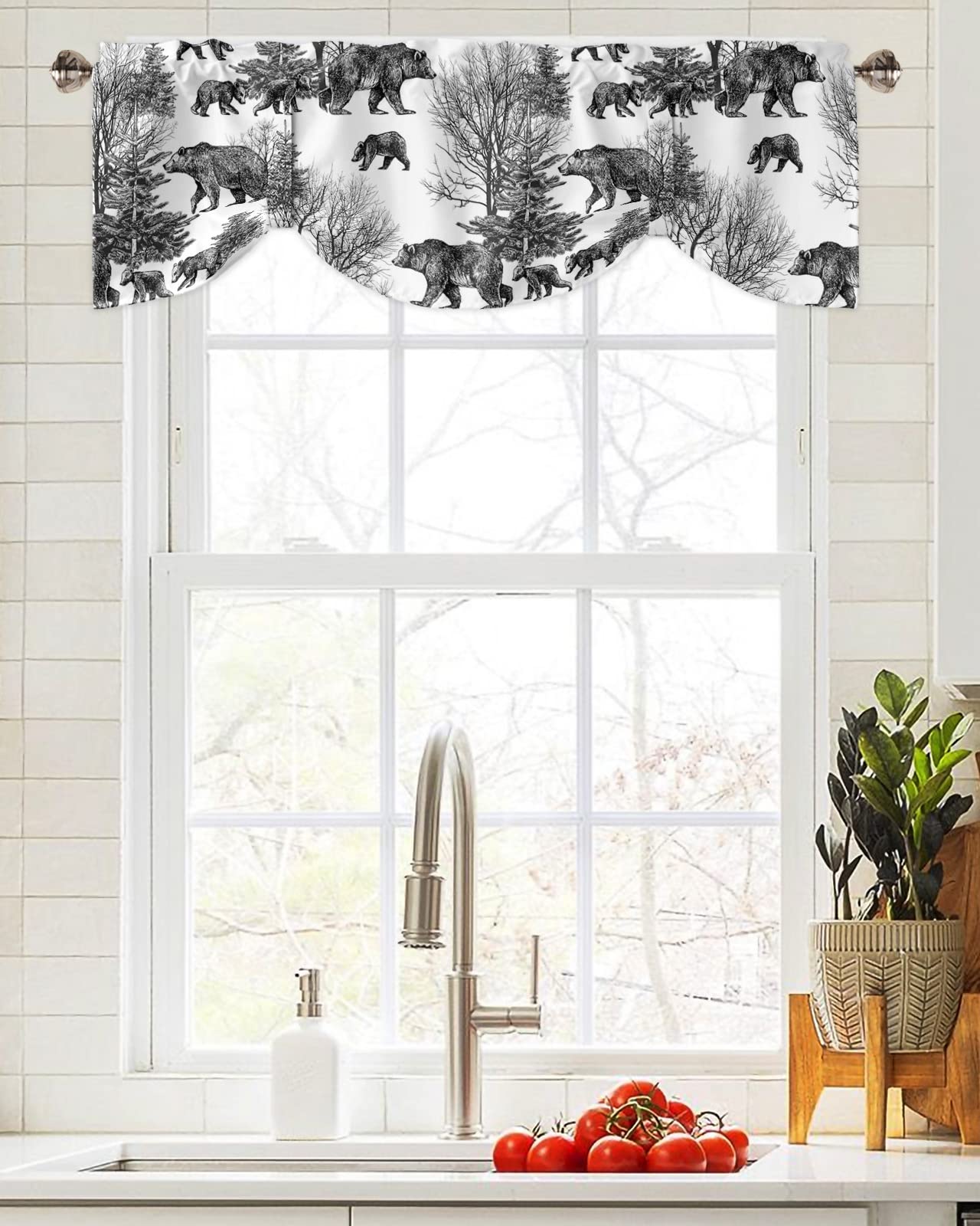 Farmhouse Tie-Up Valance Curtain - 42" X 12", Fall Forest Trees Print, Rod Pocket For Kitchen, Living Room