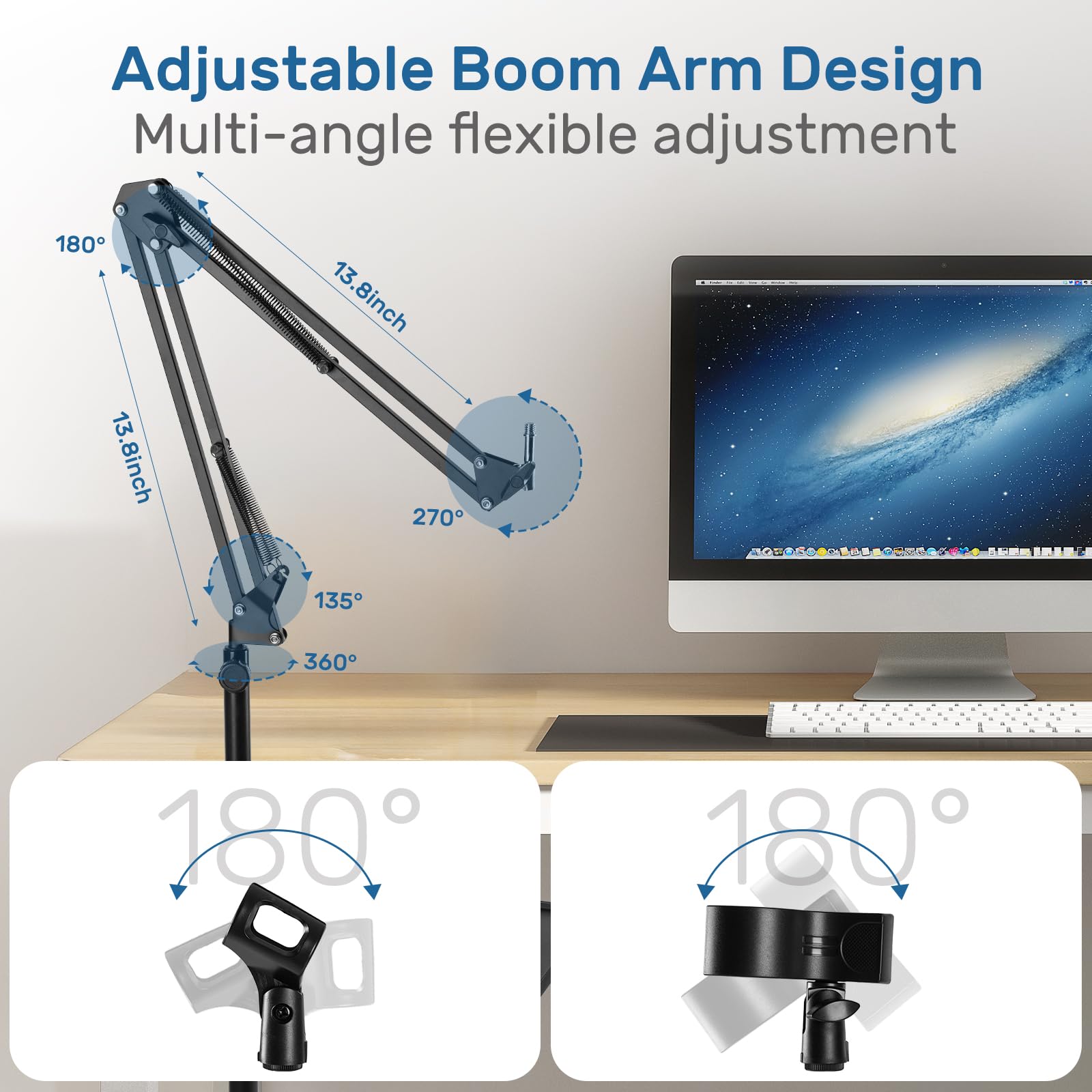 BILIONE Mikrofonständer Boden-Galgenarm mit Ablage, 2,5 kg gewichtete Basis, Höhenverstellbar, Universal Mic Clip + Adapter, Kabelmanagement für Streaming/Podcast/Studio