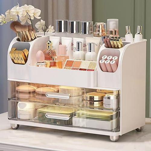 Organizador de maquillaje con 2 cajones, vitrina para cosméticos, soporte de almacenamiento para tocador, mostrador de baño, escritorio, suministros