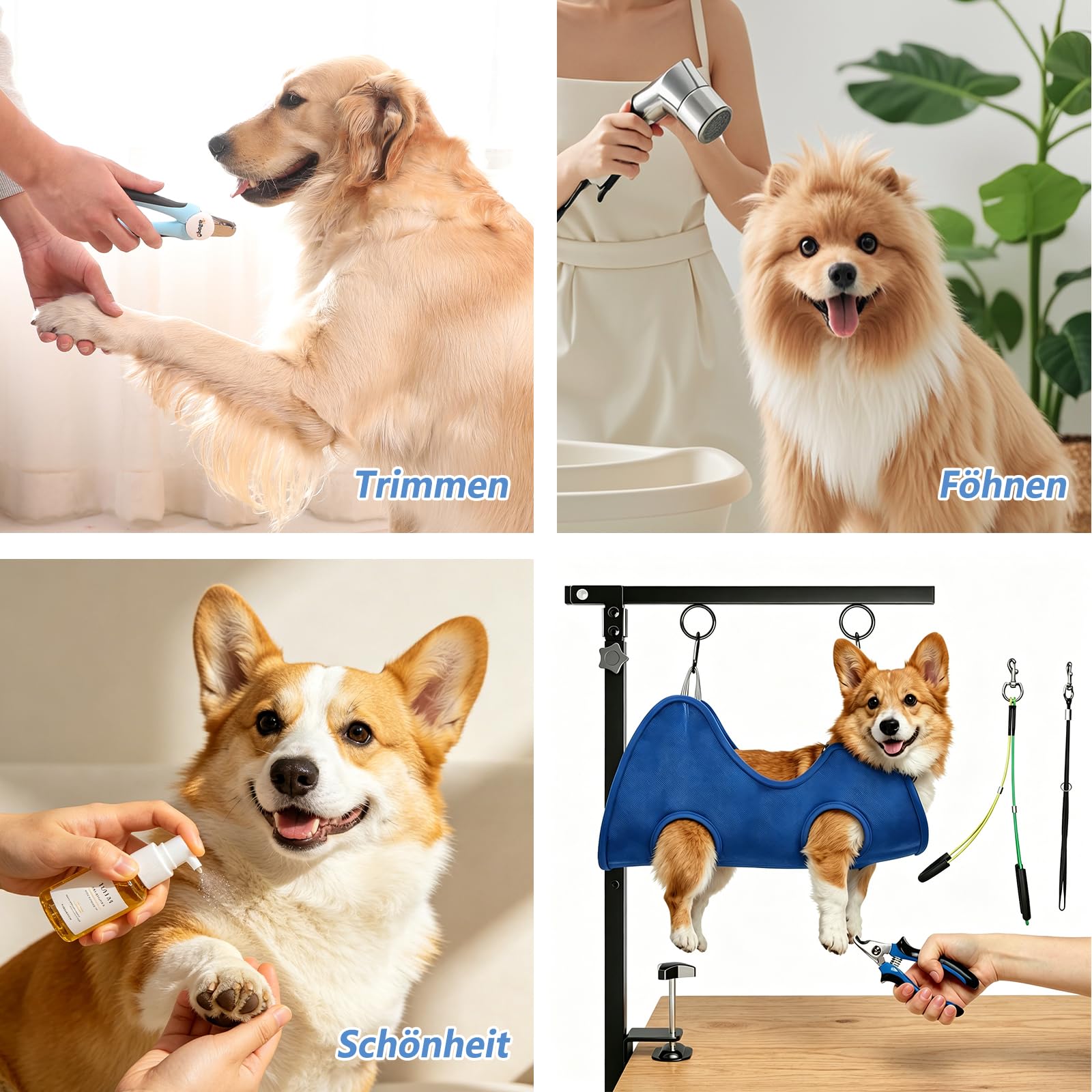 W&H Brazo plegable para aseo de perros con abrazadera de mesa, altura ajustable | 66 – 102 cm, accesorio de peluquería para perros con hamaca y correa antiasiento, para aseo, baño y tijeras