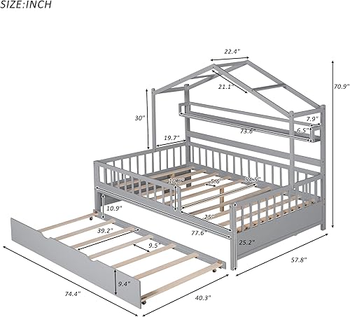 Miniatura 217 de Cama de casa de tamaño individual con 2 cajones, marco de cama de madera y barandilla de seguridad. Ahorra espacio, ideal para el dormitorio de un