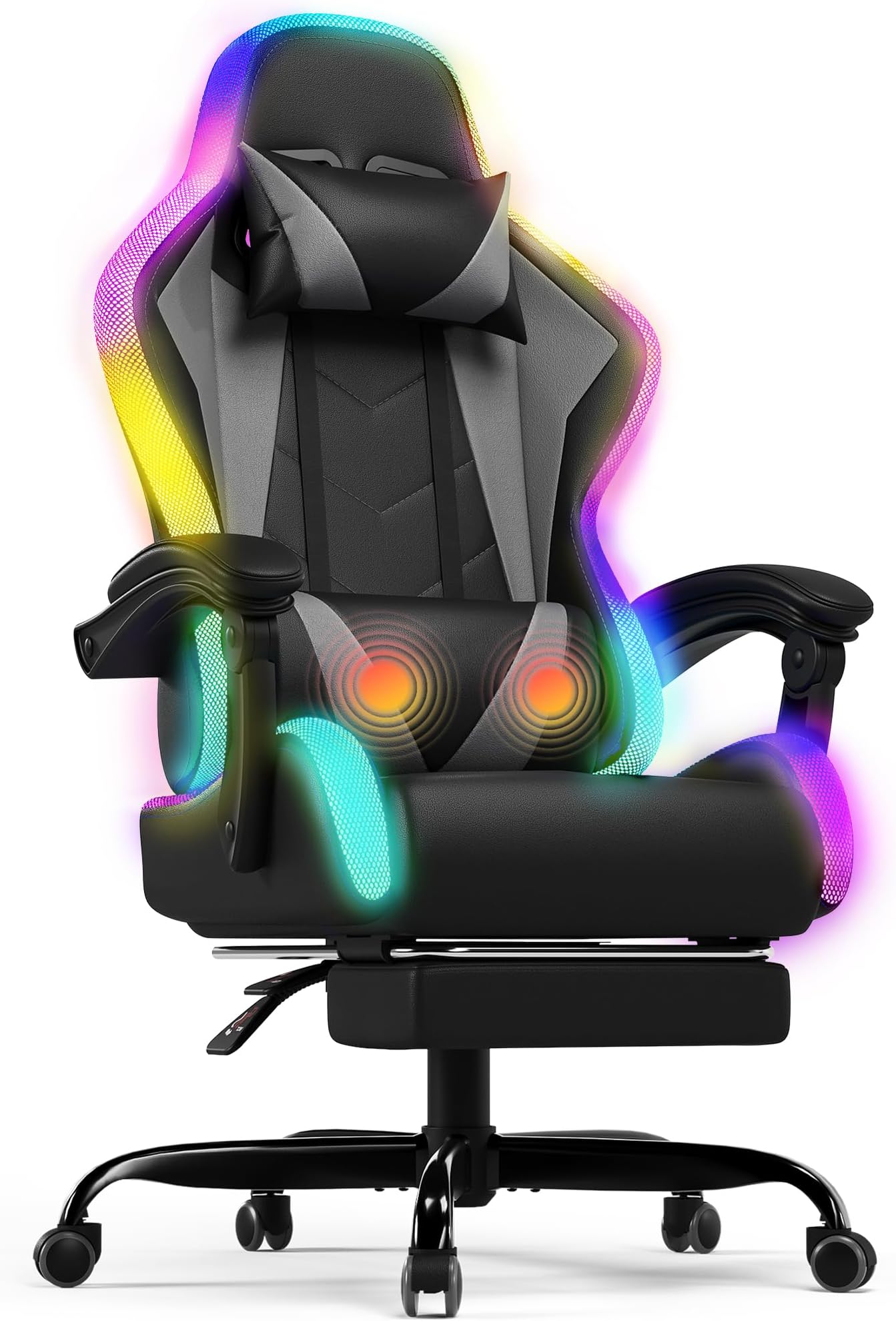 LED Gaming Chair with Footrest โ Ergonomic Reclining Game Chair for Adults with Massage Lumbar Cushion, RGB Lights, High Back, Adjustable PC Gamer Chair, Grey
