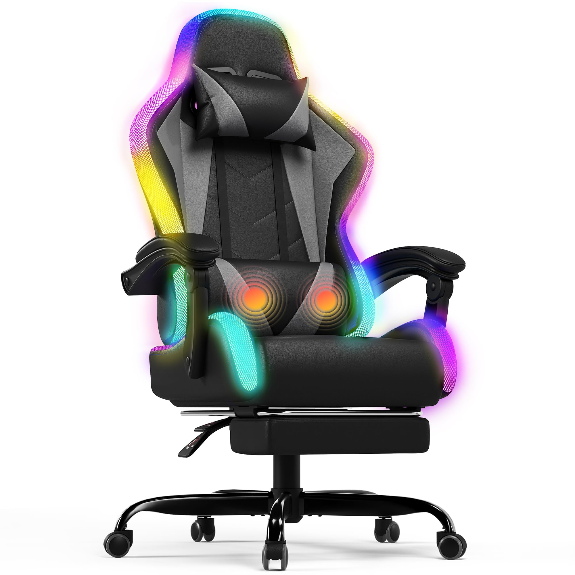 Devoko LED Gaming Chair with Footrest โ Ergonomic Reclining Game Chair for Adults with Massage Lumbar Cushion, RGB Lights, High Back, Adjustable PC Gamer Chair, Grey