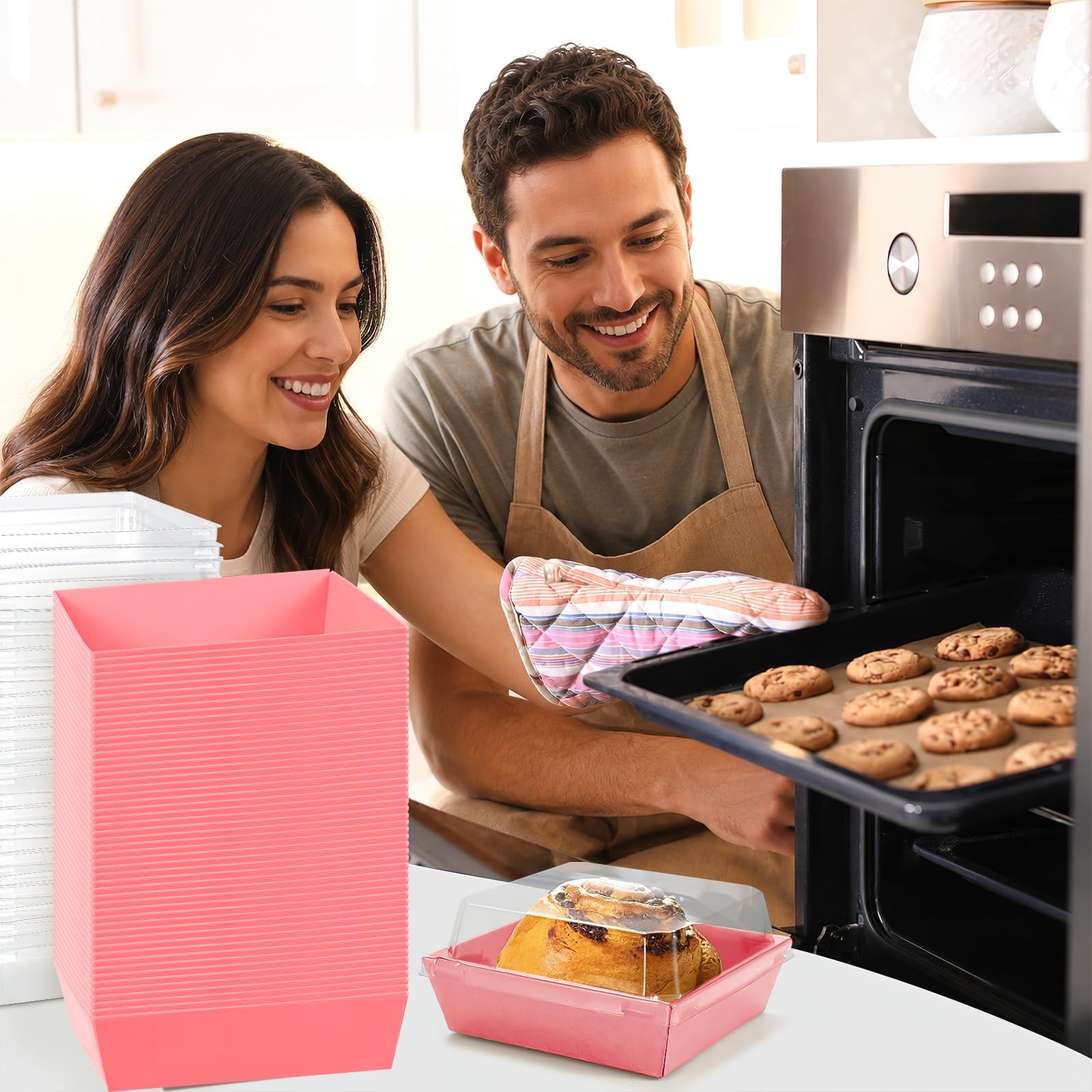 100 scatole per salumi con coperchio trasparente, scatole quadrate per alimenti, per dessert, biscotti, sandwich, fragole, 13,5 x 12,5 x 6,5 cm, blu (rosa)