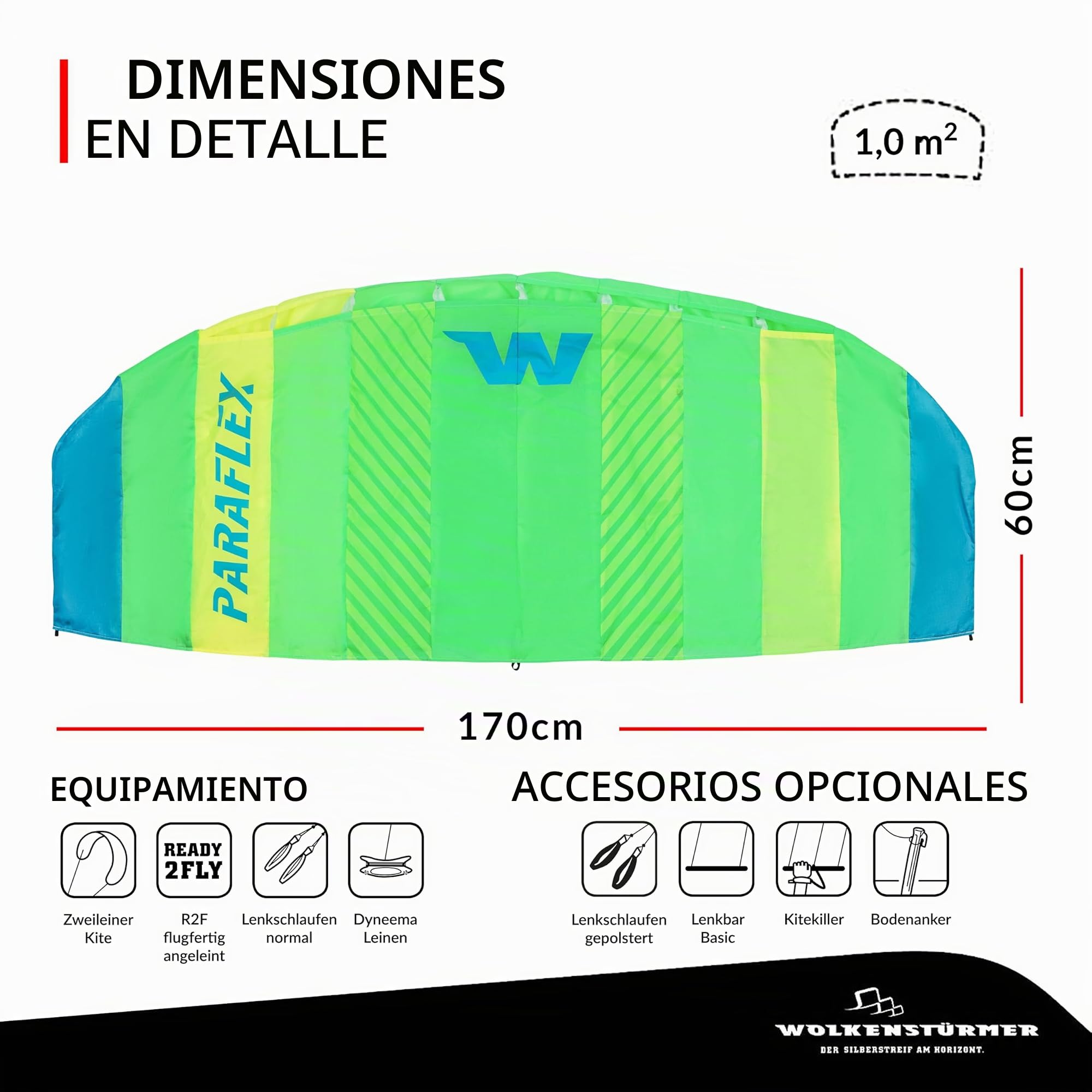 Wolkenstürmer Paraflex Basic 1.7, Verde: Cometa de 2 líneas Lista para Volar para Principiantes