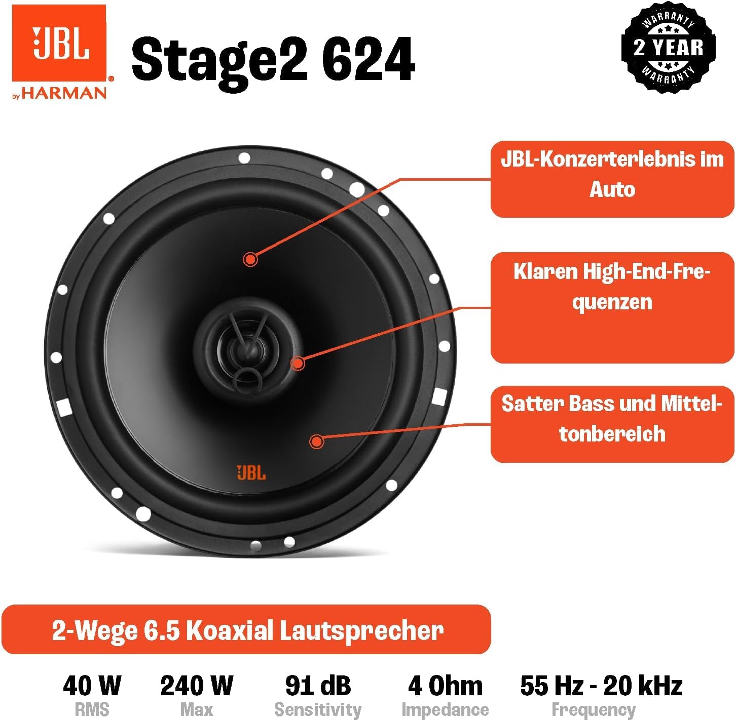 JBL STAGE2624 - Altavoz | Potencia de 40 W RMS y 240 W Pico, Sensibilidad de 91 dB, Impedancia 4 Ohmios, Mejora Acústica de Vehículo