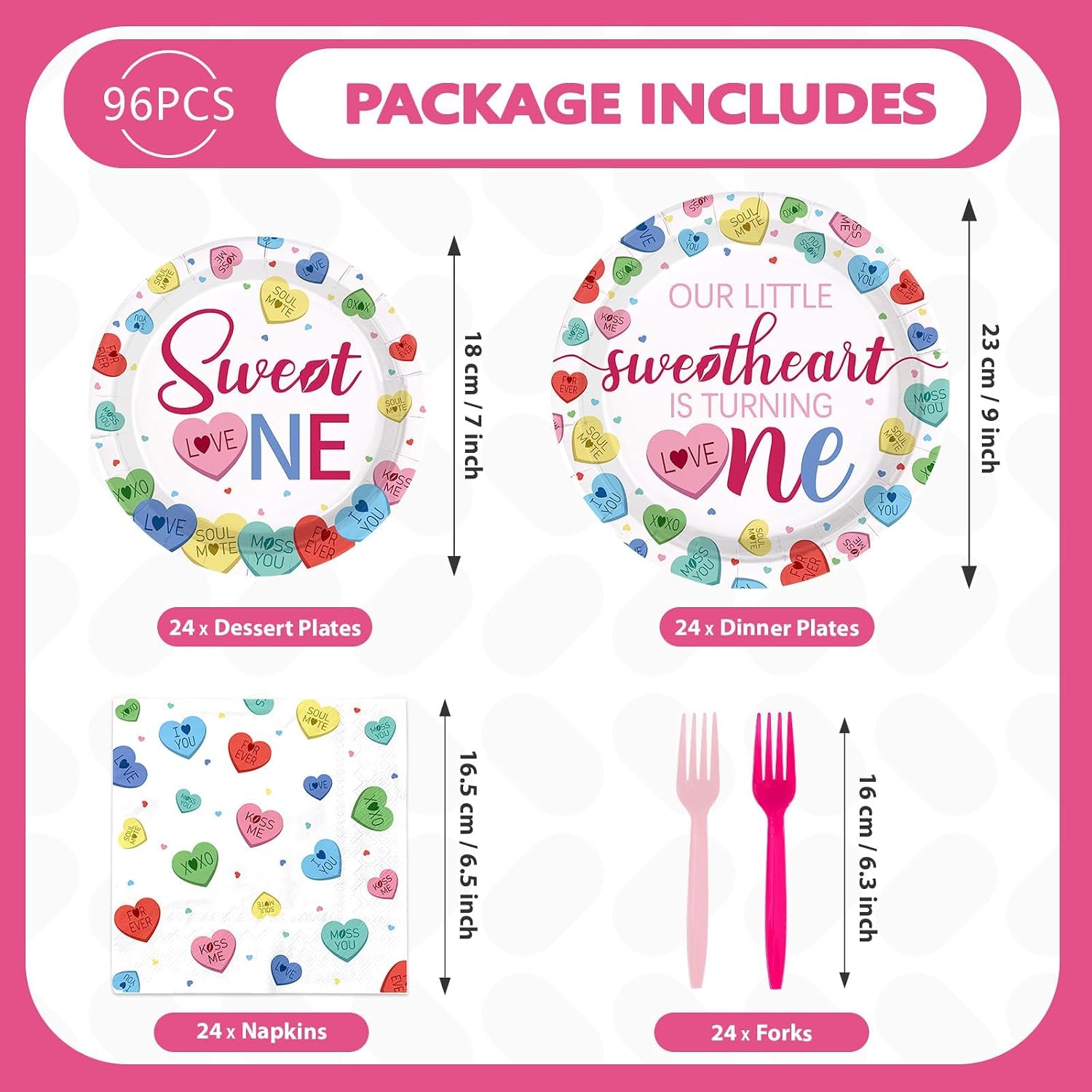 96Pcs 1st Birthday Decorations Our Little Sweetheart Is Turning One Paper Plates and Napkins for Baby Girls Little Sweetheart 1 Year Old Birthday Decorations Serve 24