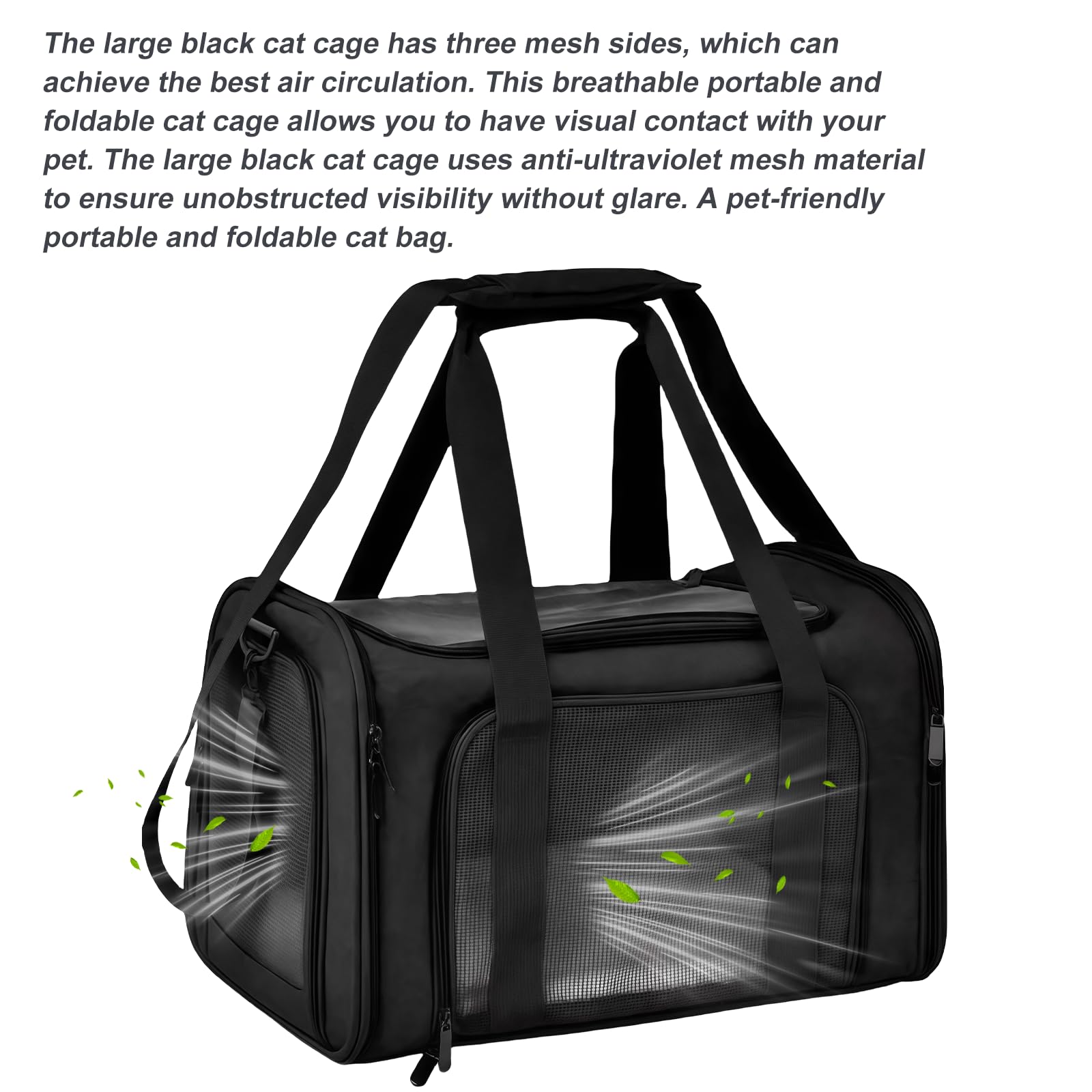 Grand sac de transport noir pour chat : sac pliable portable pour chat, sac sûr pour les petits animaux de compagnie, boîte de transport respirante pour chat pour les voyages et les visites