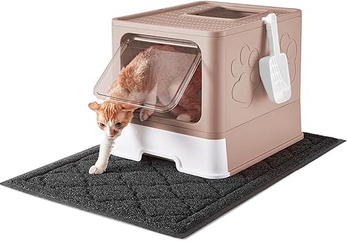 Miniatura 24 de Caja de arena para gatos con alfombrilla de arena y cuchara, plegable grande con tapa, de entrada frontal para gatos con salida superior, control