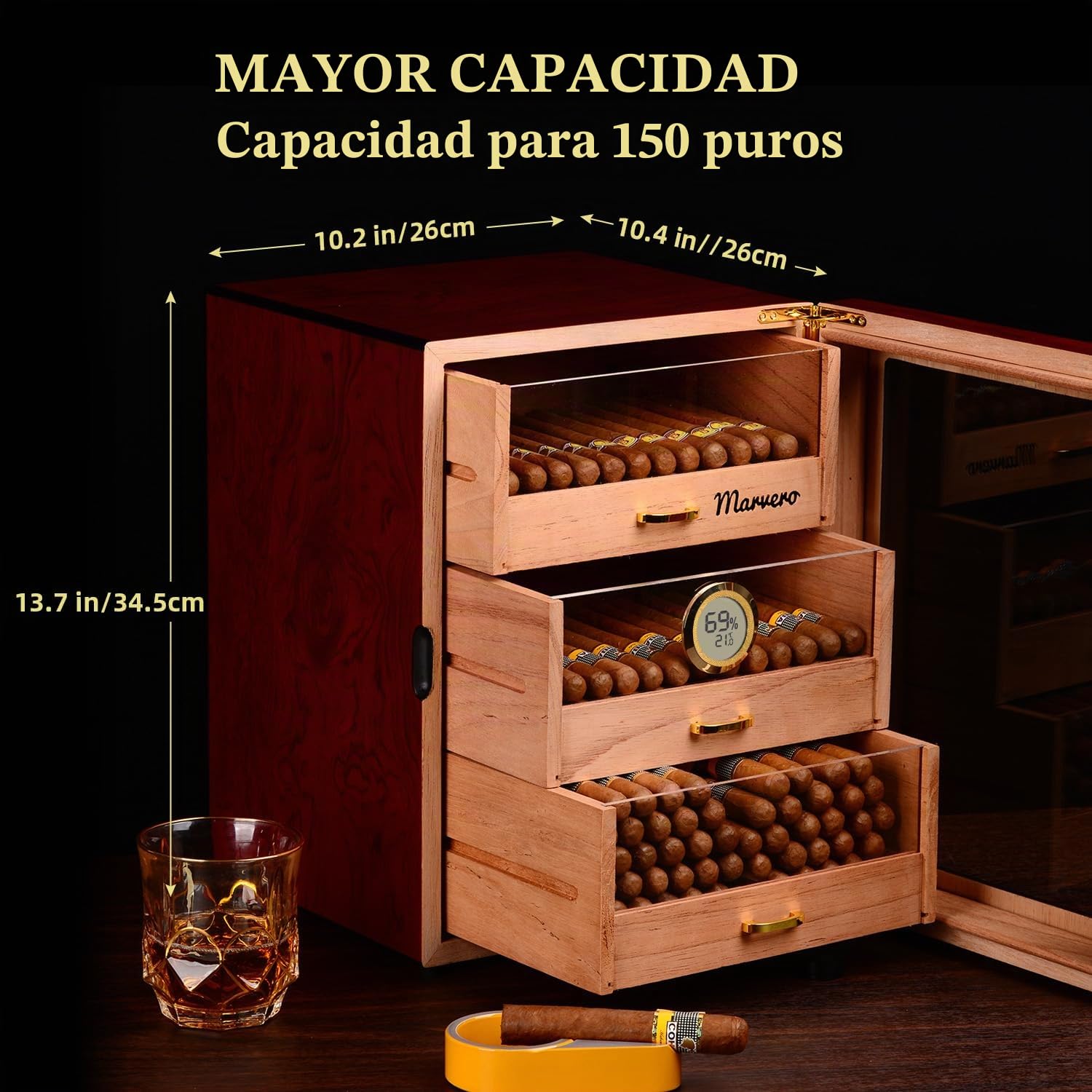 Humidor de Cedro Hecho a Mano, 150 Puros, Higrómetro