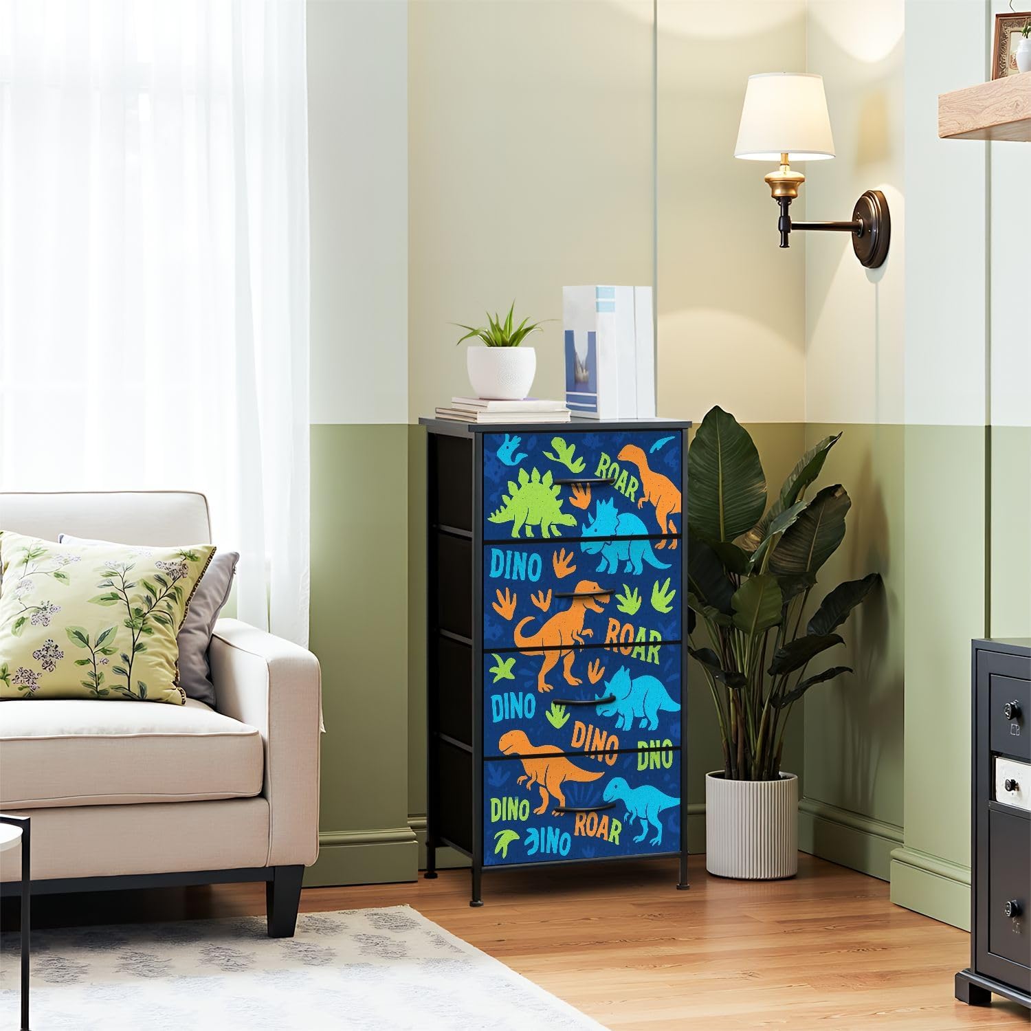 Dresser for Bedroom Dresser for Closet Bright Seamless Colorful Dinosaur Blue Grunge Effect Print Dressers & Chests of Drawers Fabric Closet Organizers and Storage with 4 Drawers Storage Bins