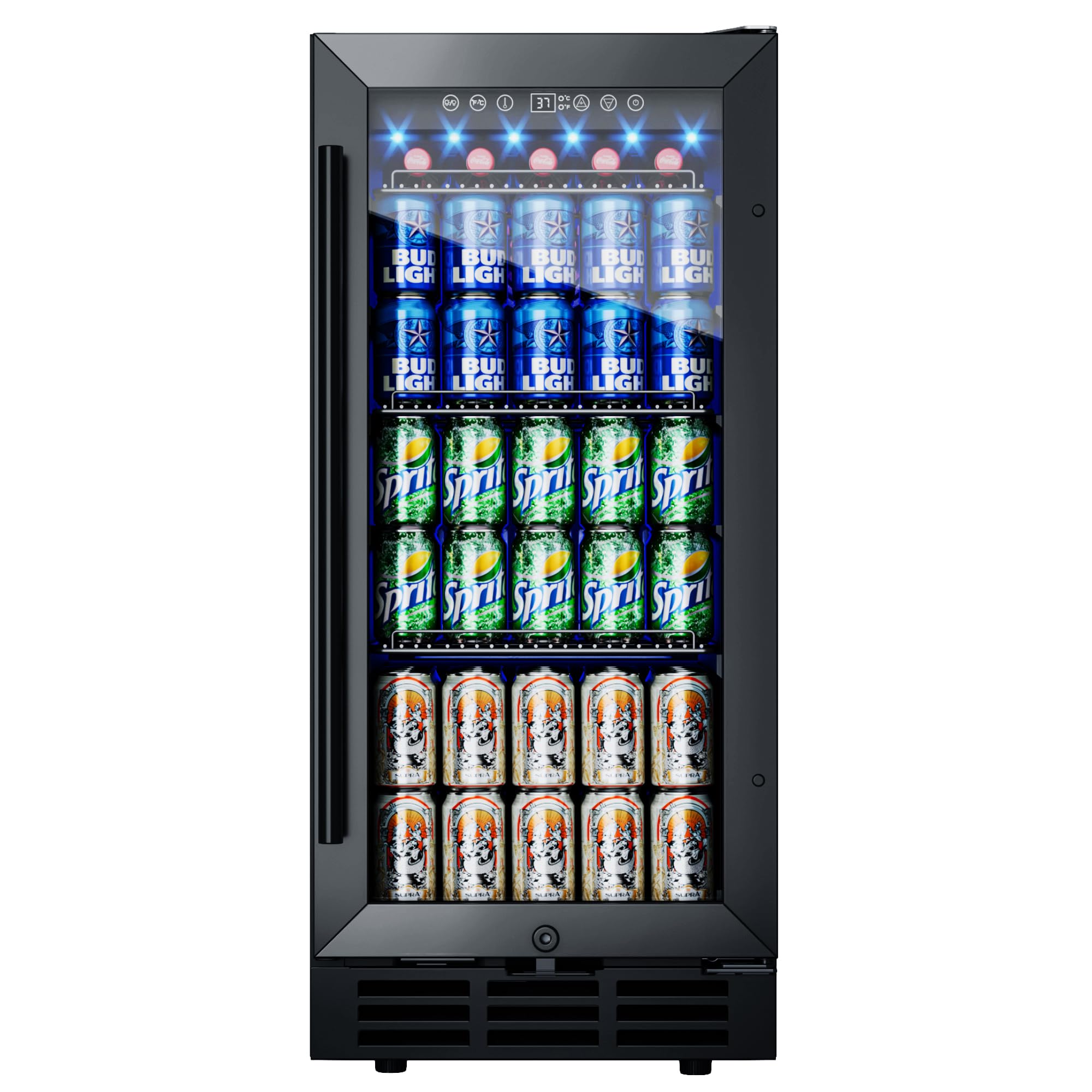 Photo 1 of ICEVIVAL 15 Inch Beverage Fridge, 132-Can Capacity Under Counter Refrigerator with Blue LED Display, Beverage Refrigerator with Glass Door & Adjustable Shelves for Home, Bar, Office (Black)