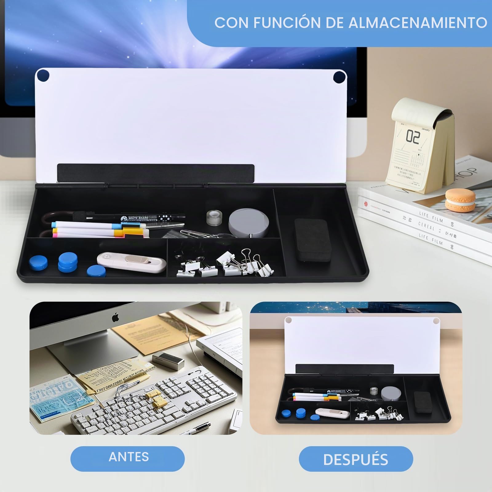 Hivexagon Pizarra blanca de escritorio con 4 compartimentos y ranura para teléfono o tableta, incluye mini pizarra magnética adicional y accesorios