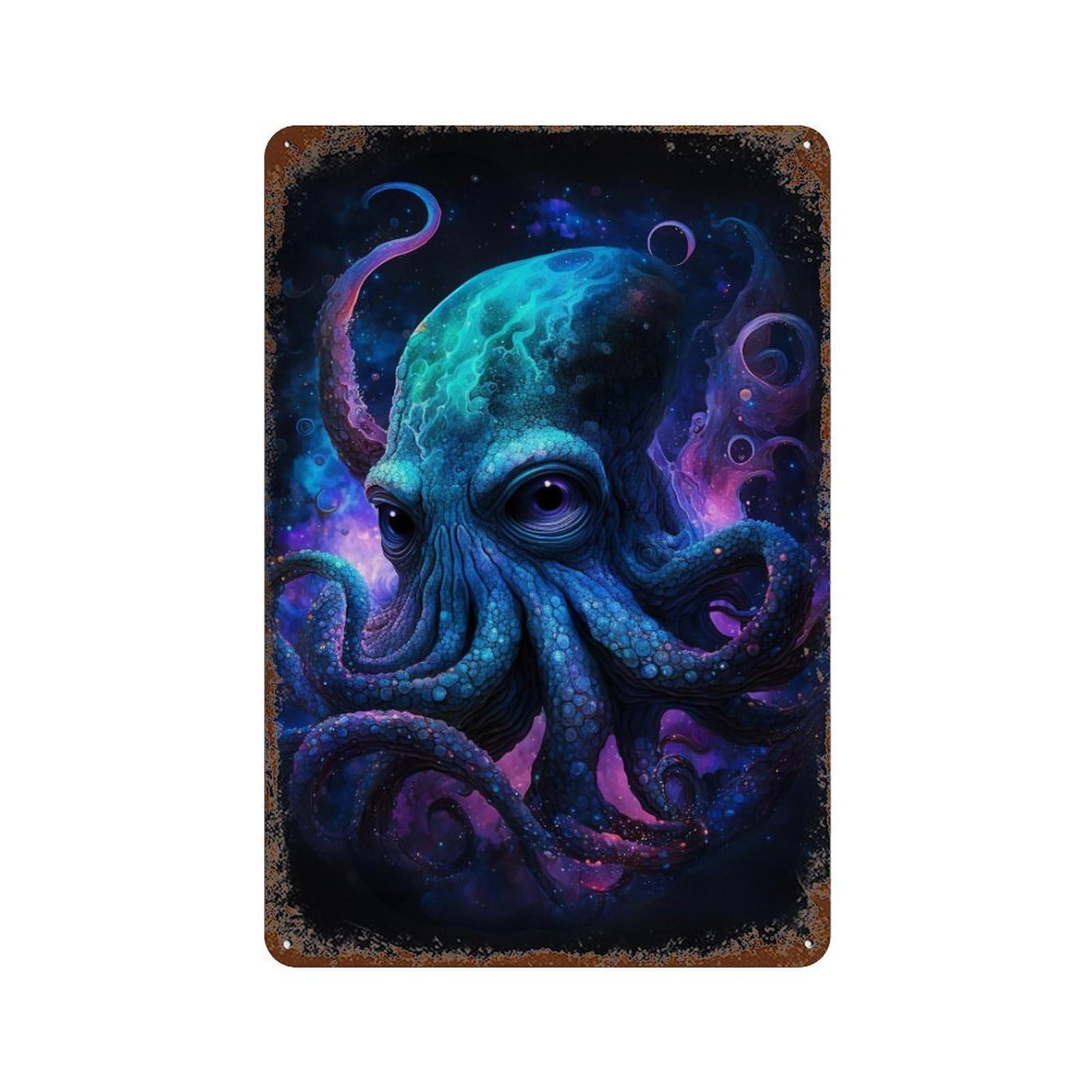 Galactic Octopus Art Print-2 11.8"x7.9" Distressed Metal Wall Sign, Shabby Chic Decor for Shed, Workshop And Garage Wall Decor
