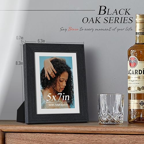 Miniatura 2 de VCK Portarretratos de 5 x 7, 2 unidades, grano de madera natural, roble negro y vidrio HD, para fotos de 4 x 6 con paspartú o 5 x 7 sin paspartú,