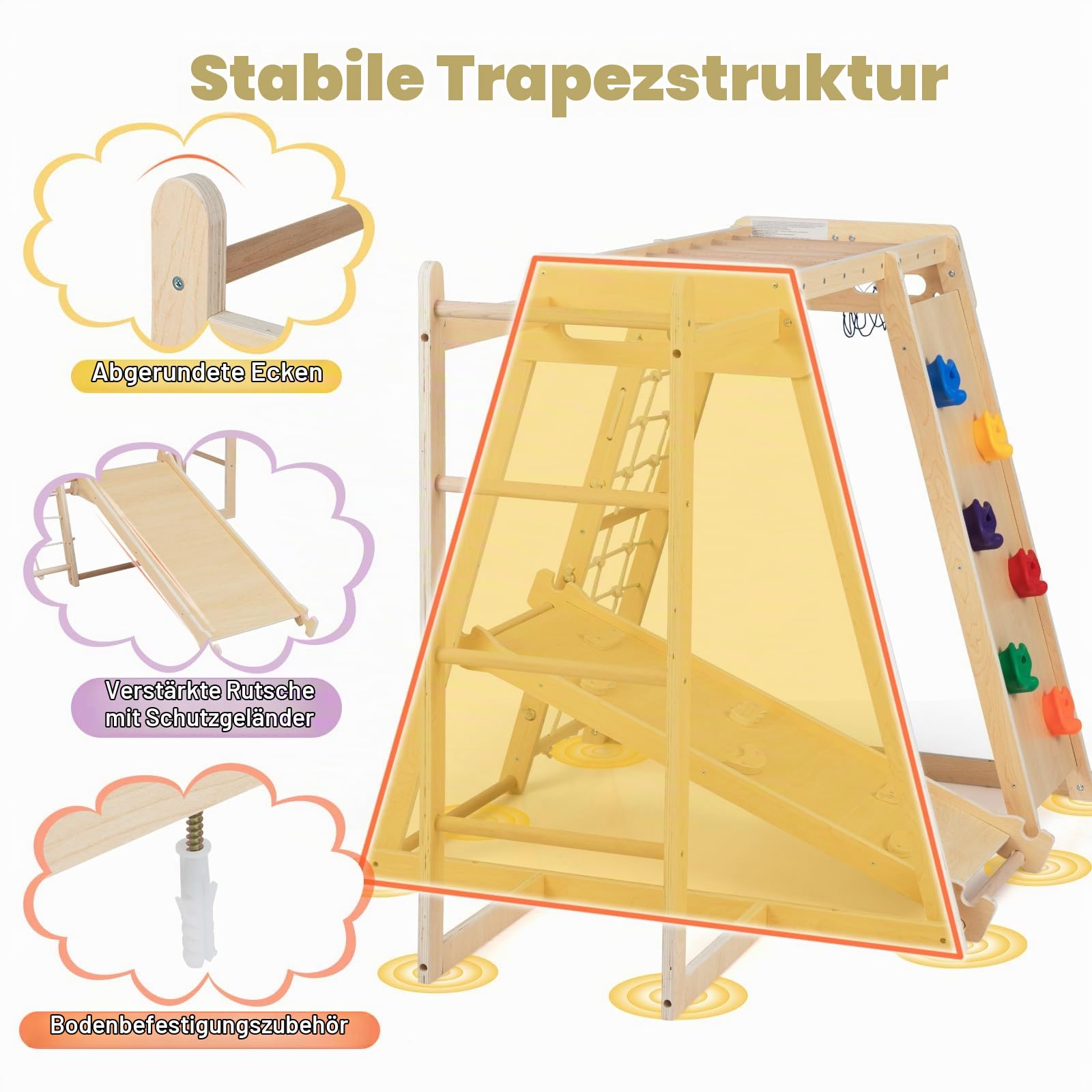 HOMASIS Klettergerüst Indoor, 6 in 1 Kletterdreieck mit doppelseitige Rutsche, Kletternetz, Kletterleiter, Basketballkorb, Kletterfelsen & Affenstangen, Holz Spielplatz für Kinder ab 3 Jahren (Natur)