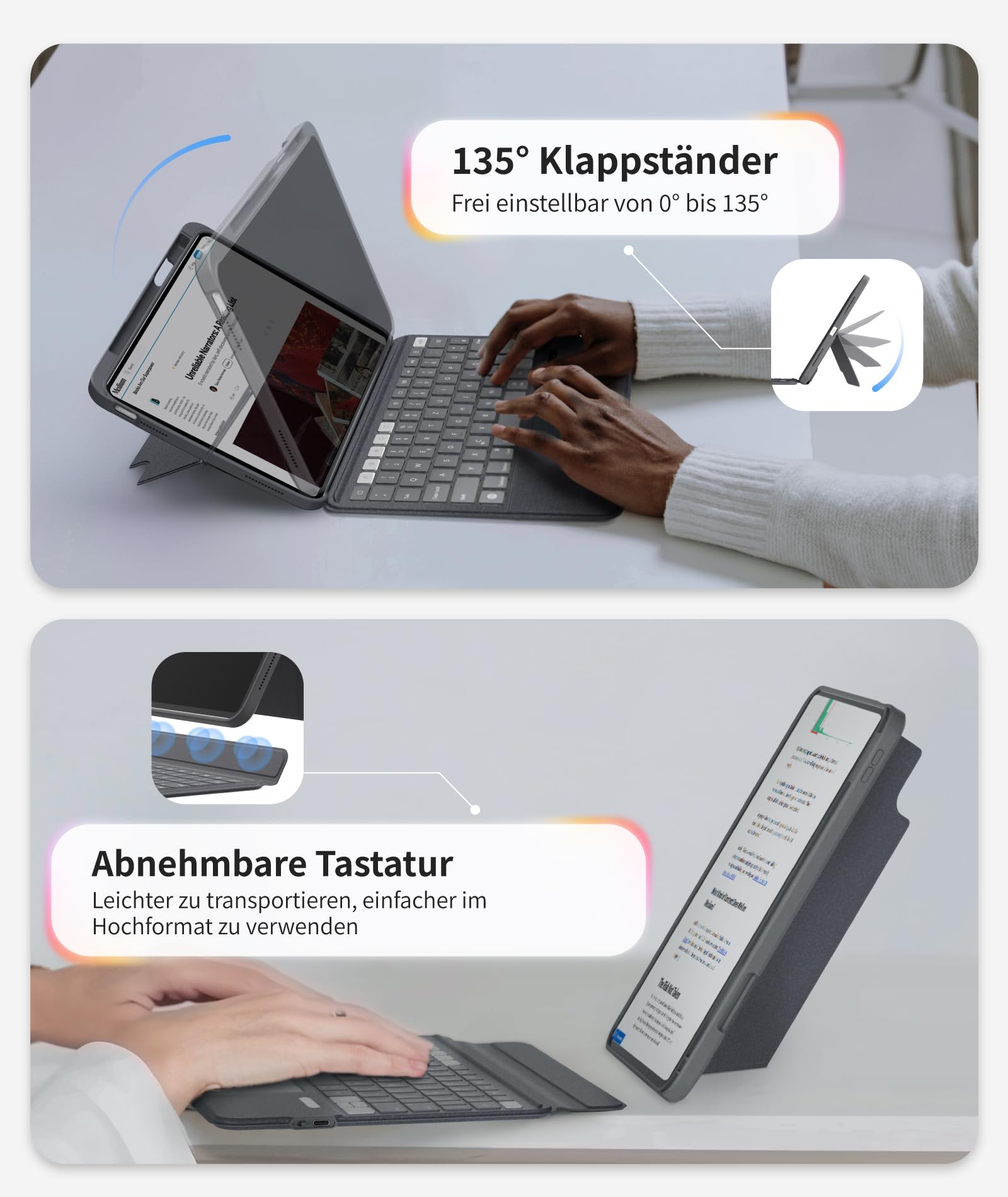 eip Bluetooth-Tastaturhülle für iPad Air 13" M3 (2025) / M2 (2024), magnetisch abnehmbar mit Trackpad, 7-farbig beleuchtete Tasten, Stylus-Shortcuts, schlankes Schutz-Design, kabellos
