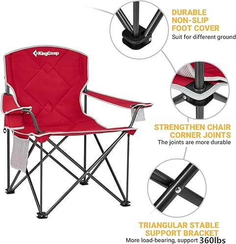 Miniatura 69 de KingCamp silla plegable de gran tamaño para campamento con soporte lumbar, silla ergonómica acolchada con reposabrazos, alta resistencia, con bolsa