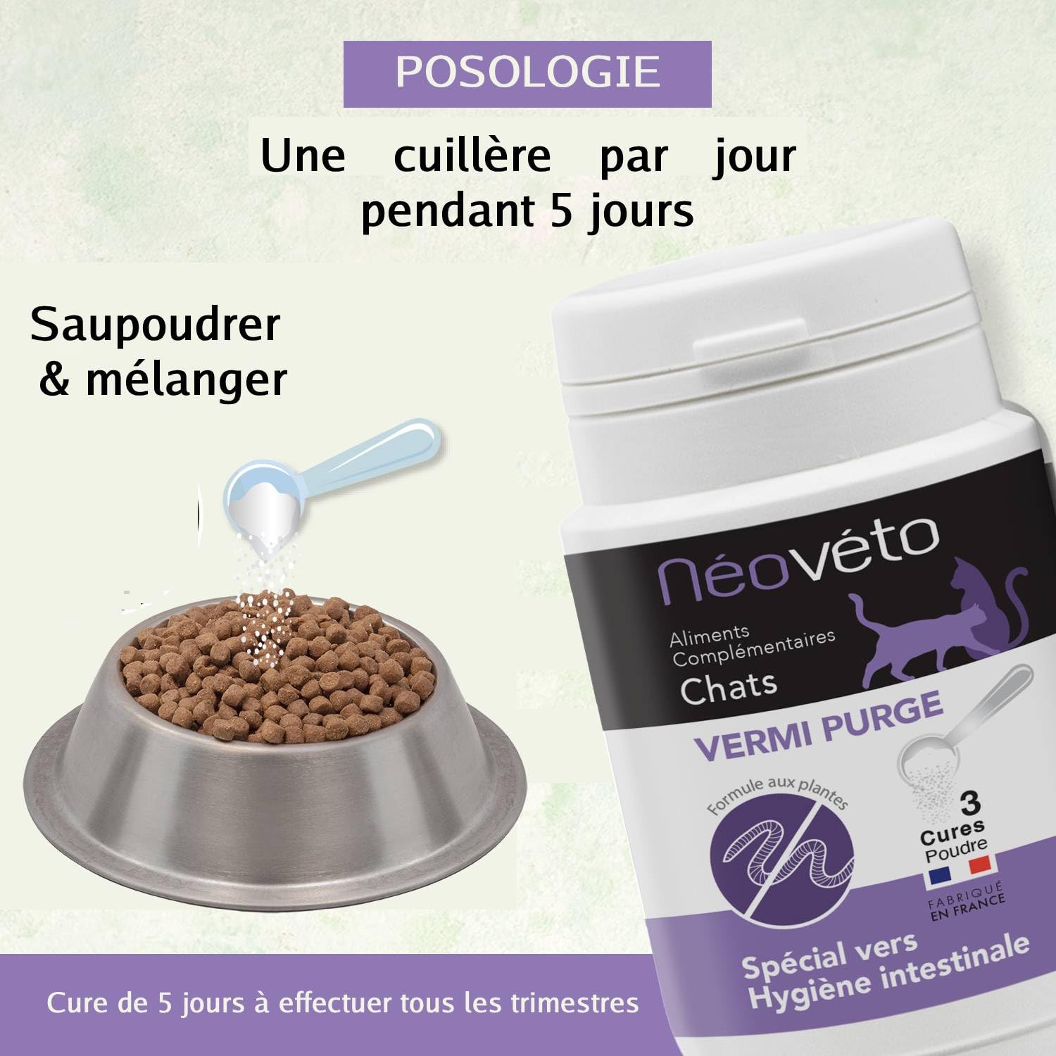 DESPARASITANTE para Gatos Antiparasitario Interno en en Polvo Natural, Ingredientes Activos autorizados por los Servicios Veterinarios Franceses