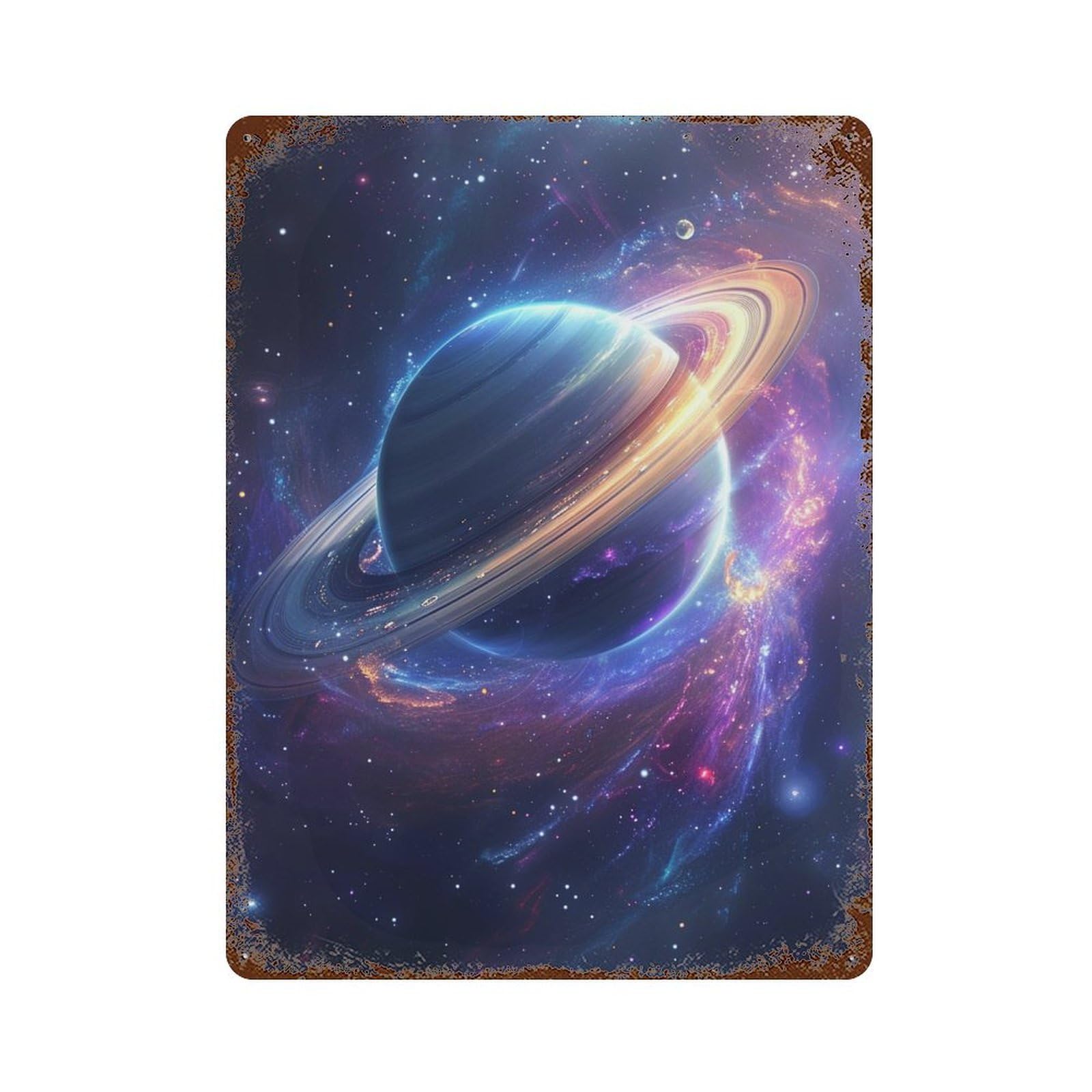 Aged Metal Wall Plaque with Cosmic Saturn Ring Design 15.7"x11.8", for Shed, Workshop And Garage Wall Decor, Decorative Metal Wall Art