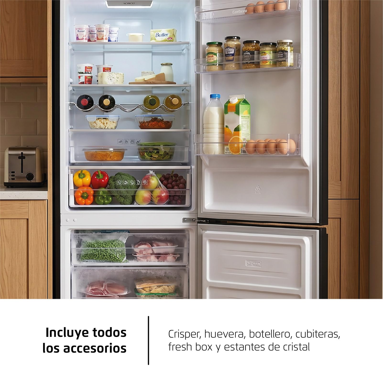 Corberó - Frigorífico Combi | CCHGL186NFN | 400 Litros | 187 cm | No Frost | Funciones Super, ECO y Vacaciones | Fresh Box | Cristal Negro