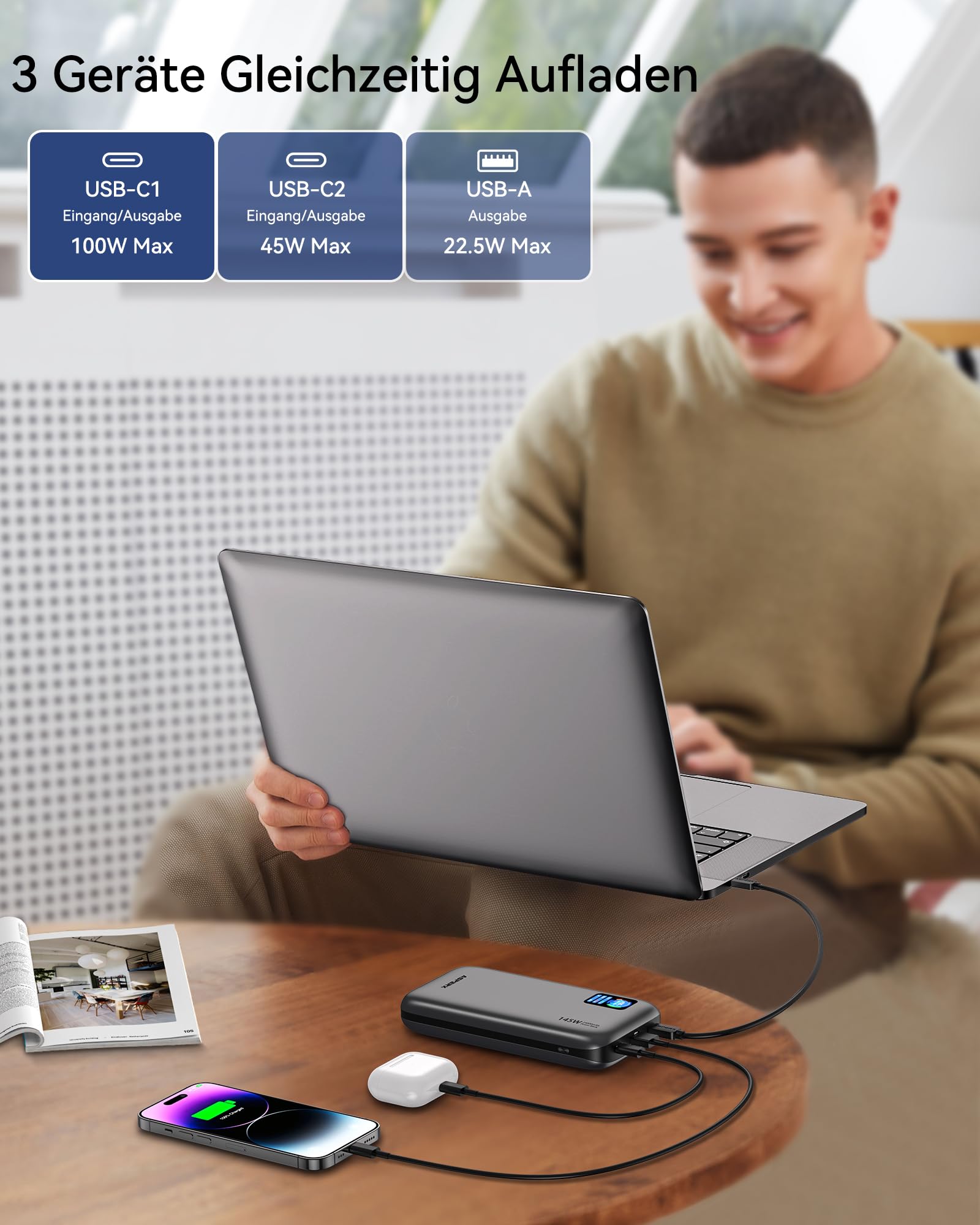 AsperX 100W 24000mAh Powerbank für Laptop MacBook iPad iPhone 17/16/15/14 | Gesamtleistung 145W PD3.1 Schnelllade Power Bank,USB C -Ein und Ausgang,LED Display,Flugzeugtauglich,CCC Zertifiziert