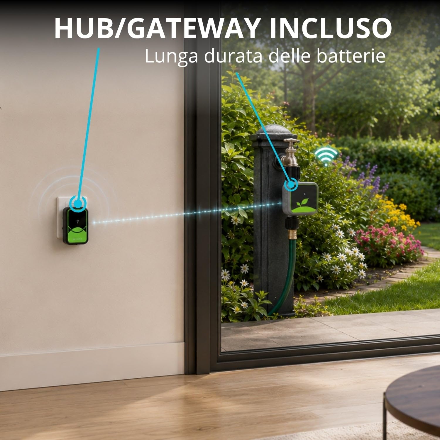 domyno Temporizador de riego WiFi inteligente de jardín con Hub RF incluido, programador de agua App Tuya Smart Life, retraso de lluvia, modo manual, temporizador para césped, huerto, macetas