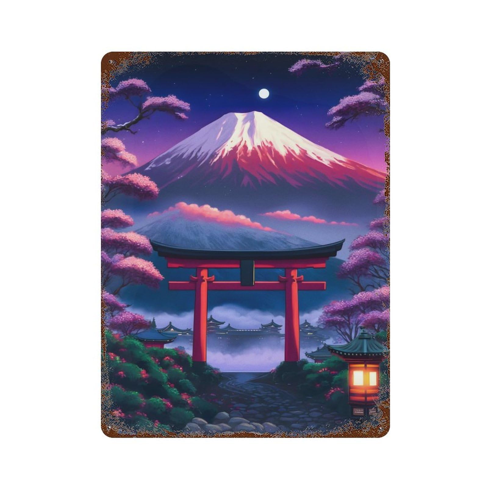 Torii Gate Mt Fuji Vintage Rust Metal Sign 15.7"x11.8", Classic Wall Plaque for Basement, Hobby Room And Garage Decor