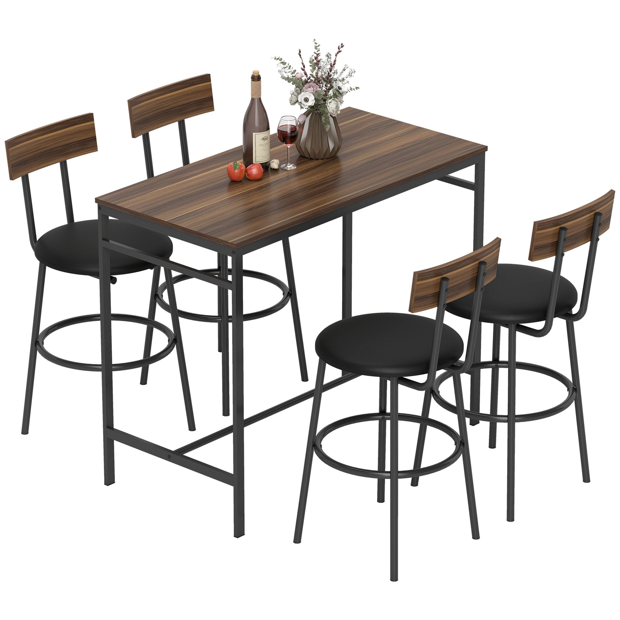 HOMCOM Bartisch mit Barhocker-Set Esstisch mit 4 Stühlen mit Fußstütze, Rückenlehne und Polsterung, Platzsparend Bartisch Set aus Stahl Industrial Küchentisch für Esszimmer, Küche, Braun