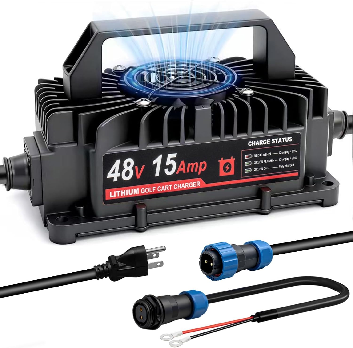 48V (58.4V) 15A Lithium Battery Charger, IP67 Waterproof Smart Charger, Overcharge & High-Temp Protection Trickle Charger for 48V (51.2V) Golf Cart RV Forklift Truck Boat Home LiFePO4 Battery