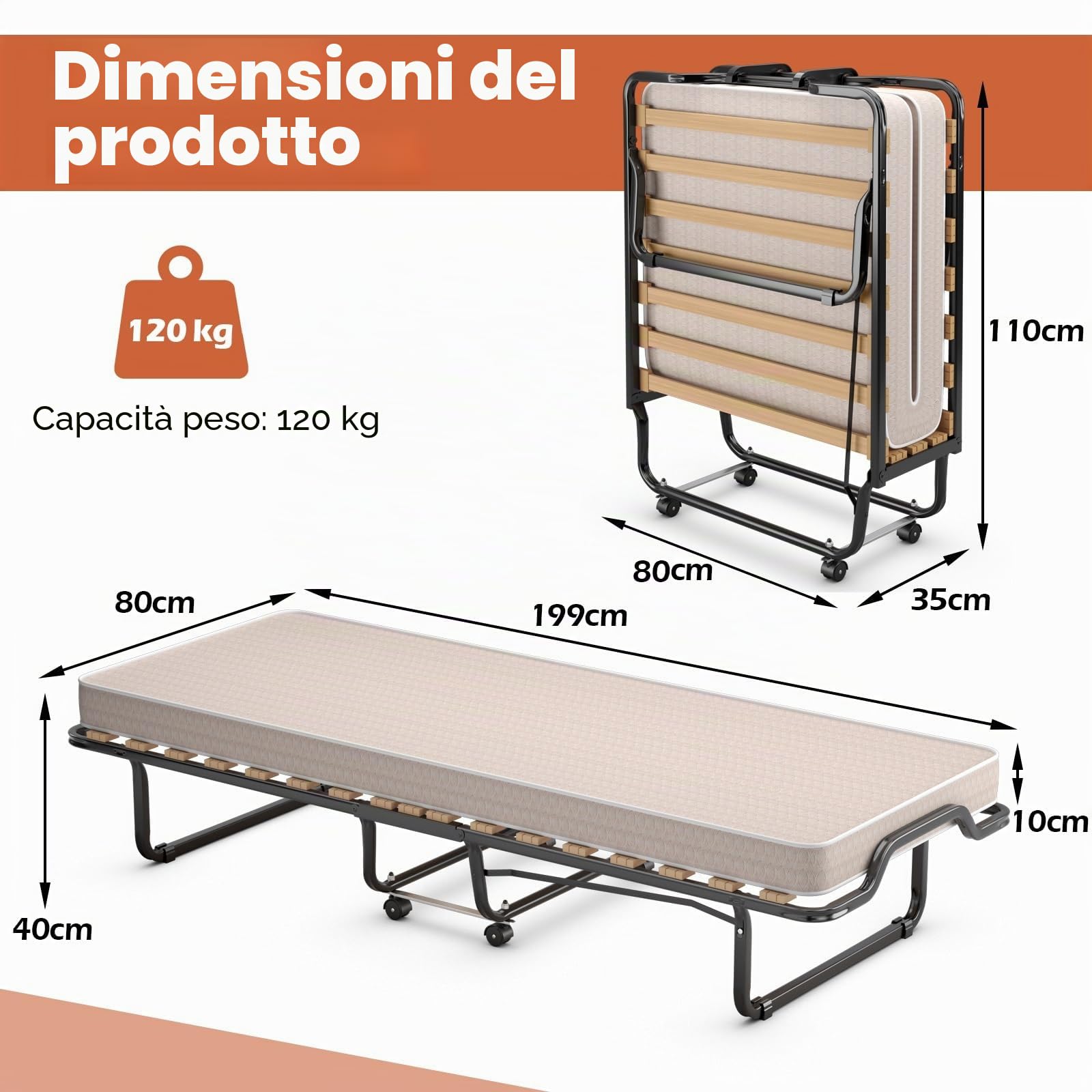 GIANTEX Letto Singolo Pieghevole con Materasso e Portata 120 kg