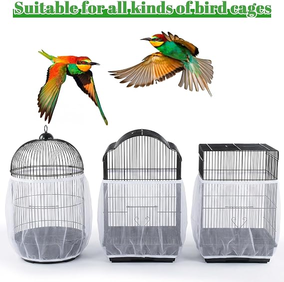 Bird Cage Netting Seed Catcher, White Adjustable Large Bird Cage Seed Catcher Stretchy Birds Cages Cover, Easy to Install, Fits Most Cages, Ideal for Parrots Enclosures