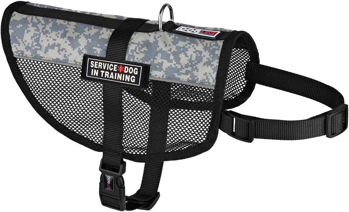 Dogline MaxAire Dog Vest with Service Dog in Training Removable Rubber Patches Adjustable Harness Reflective for Puppies Small Medium and Large Dogs 30 by 38 Inch Girth Urban Camo