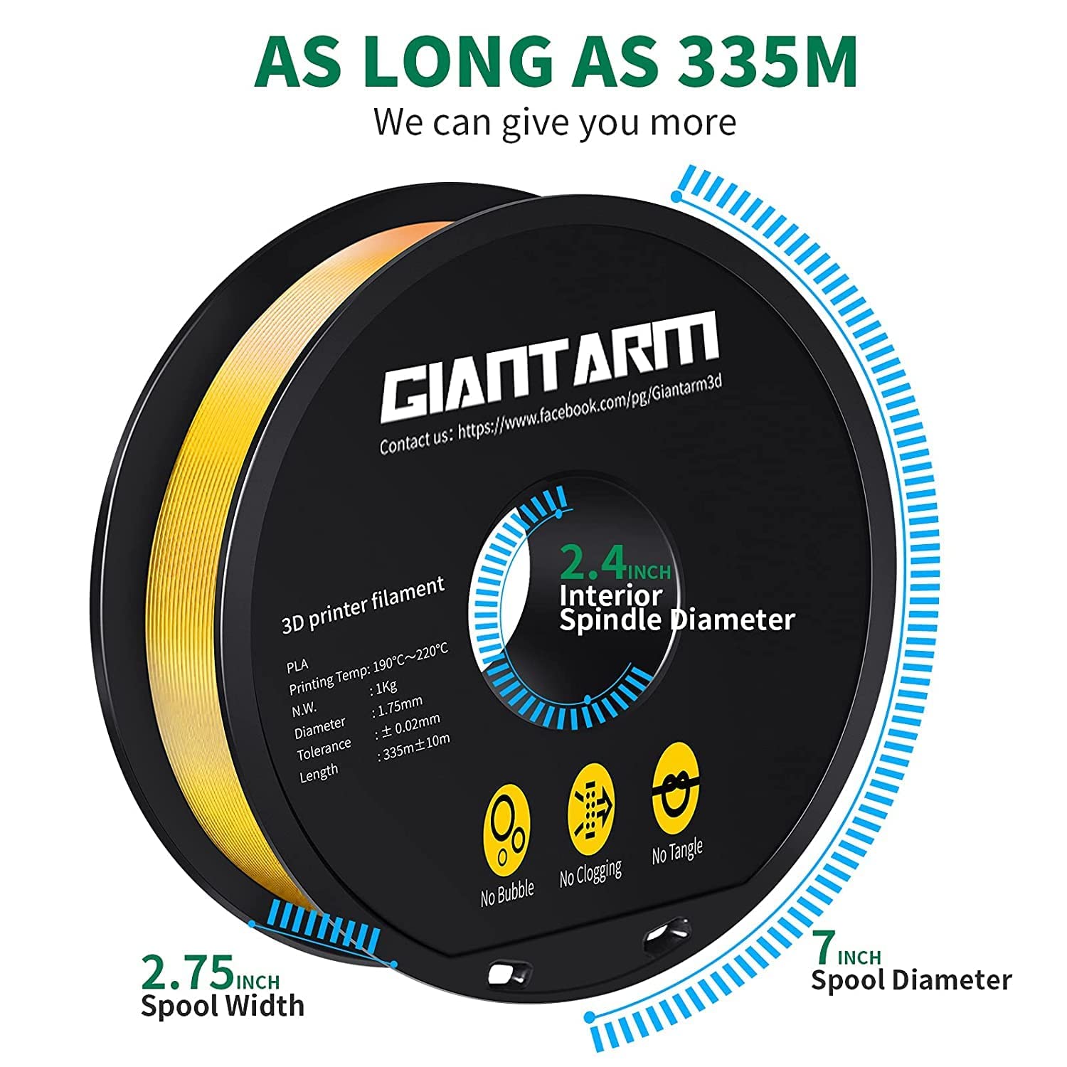Filamento PLA 1,75 mm, GIANTARM Stampante 3D PLA Filamento 1 kg Spool (Giallo)