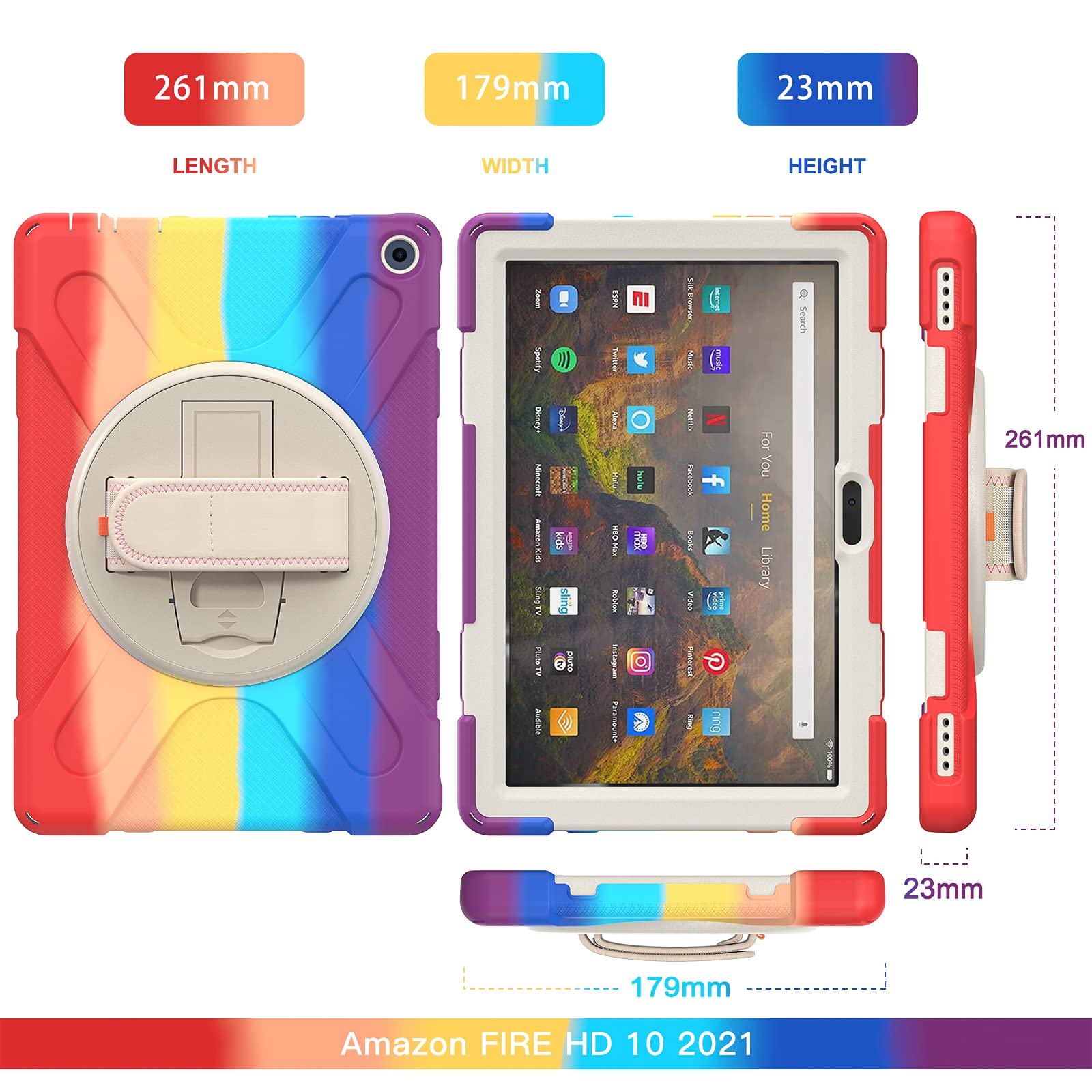 Custodia 3 In 1 Per Amazon Fire HD 10 (2021, 11ª Gen) 10,1 Pollici, Con Cavalletto Girevole 360° E Tracolla Regolabile, Silicone + Plastica Rigida, K