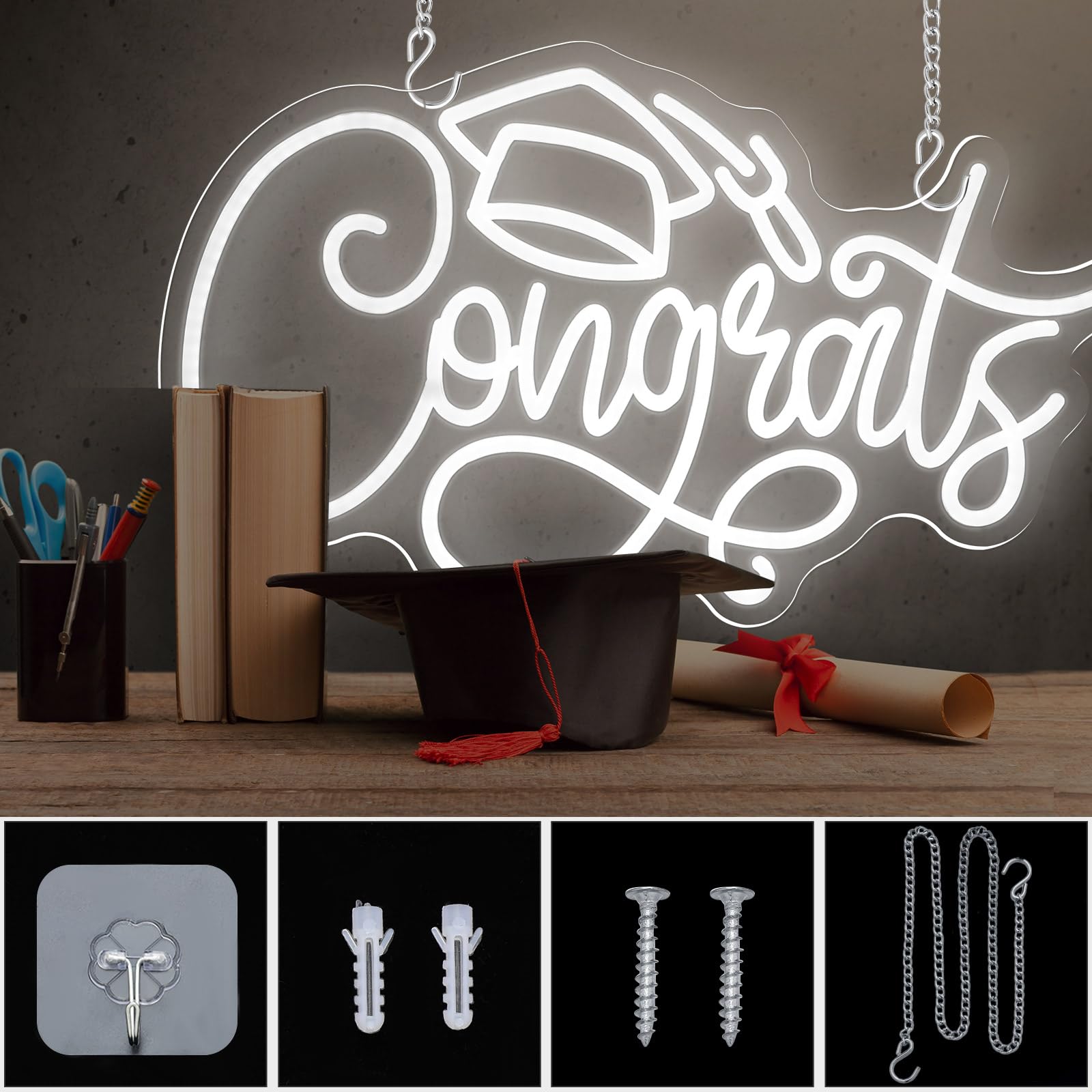 Fabbay Congrats Grad Neon Sign Light up LED for 2024 Graduation Party Decoration Dimmable Grad Neon Light Congratulations for School Class Grad Wall Decor Celebration Gift Background, 20 x 12.2 Inch