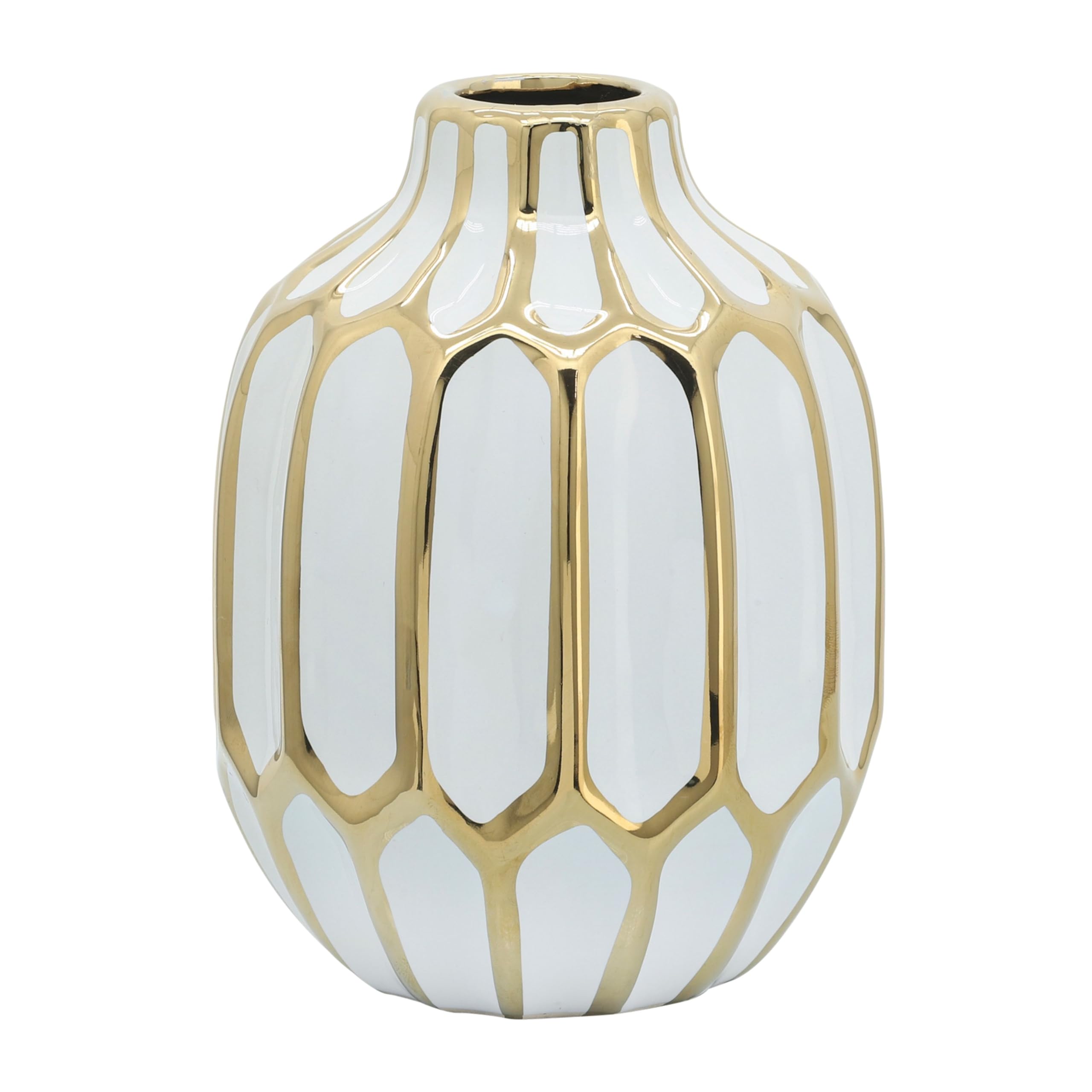 Ceramic Decorative Vase with Gold Accent – Stoneware Decorative Vases for Home Decor – Modern Centerpiece Flower Vases for Living Room, Bedroom & Office – 8", White