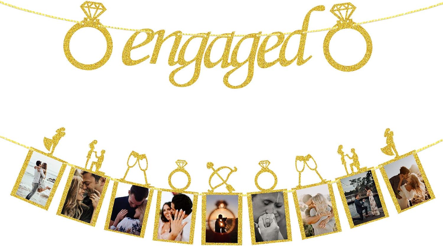 Engagement Wedding Decoration, Gold Engaged Banner and Photo Banner with Romantic Memories Picture Card Frames