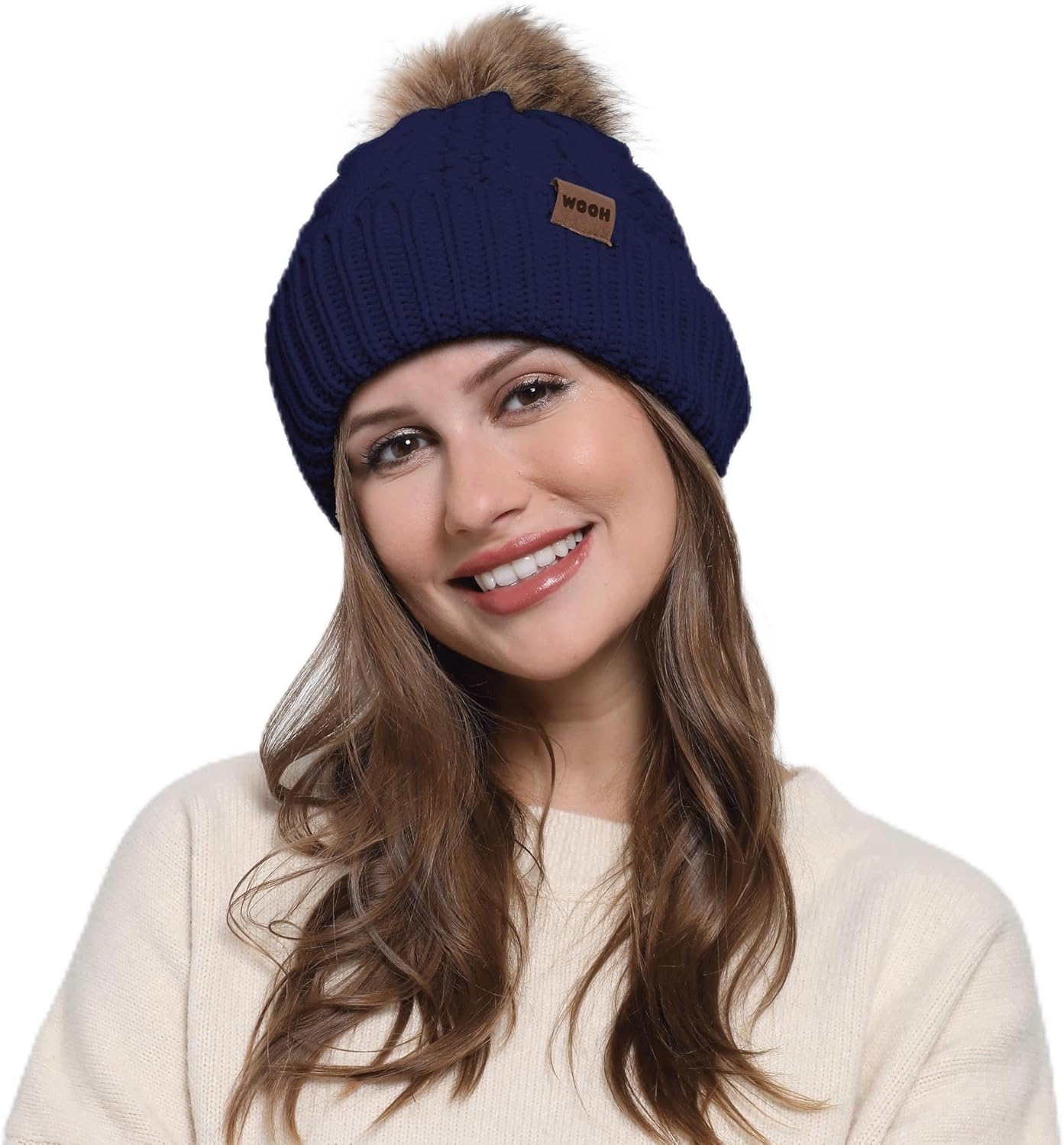 WOOH Womens Beanies for Winter,Knit Hat with Faux Fur Pom Pom Beanie for Women,Warm Fleece Lined,Less Static