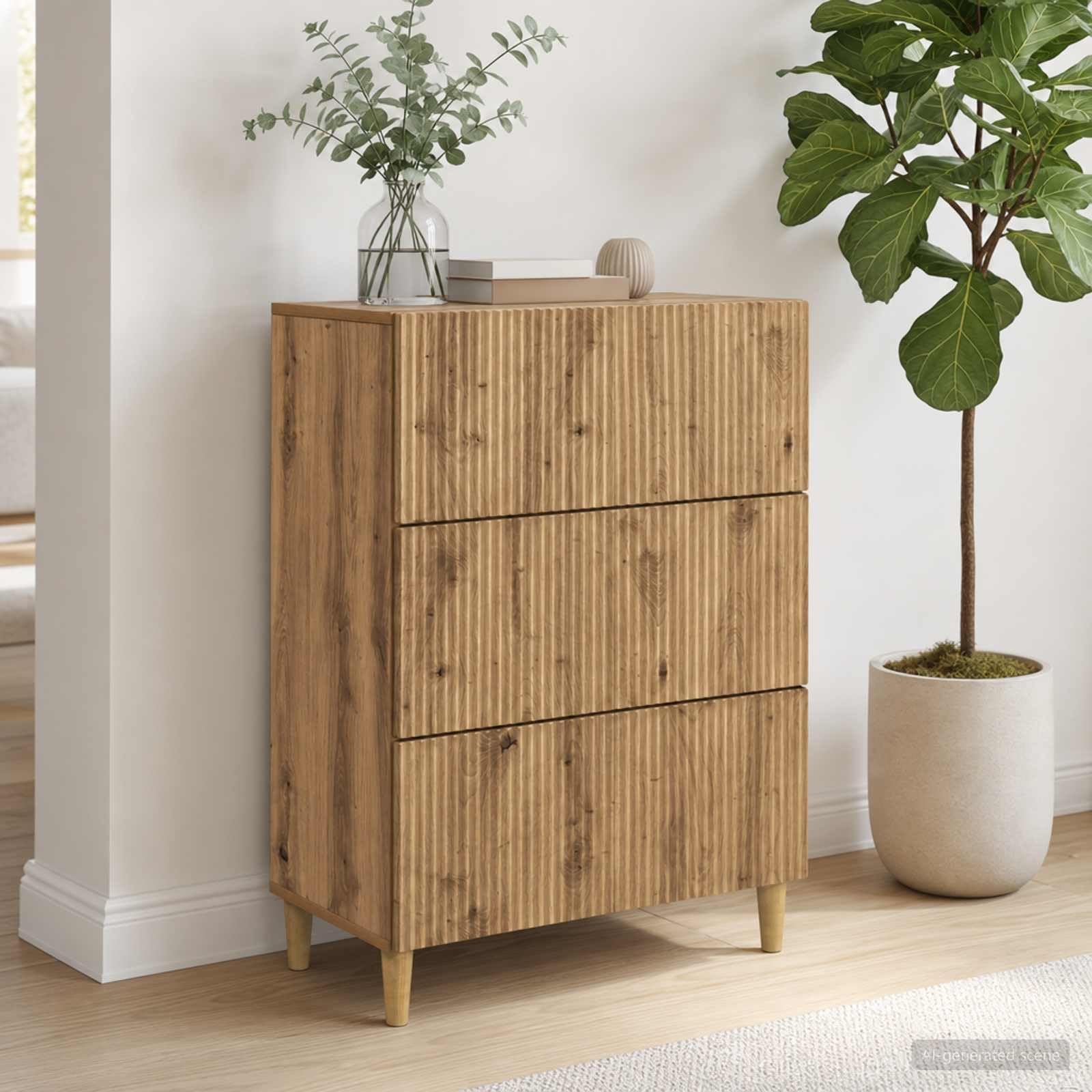 Szafa z szufladami, 66 x 34,5 x 90 cm, materiał drewnopochodny, dąb Artisan, uniwersalna szafka do przechowywania z 3 szufladami, do salonu, sypialni, biura, przedpokoju lub piwnicy