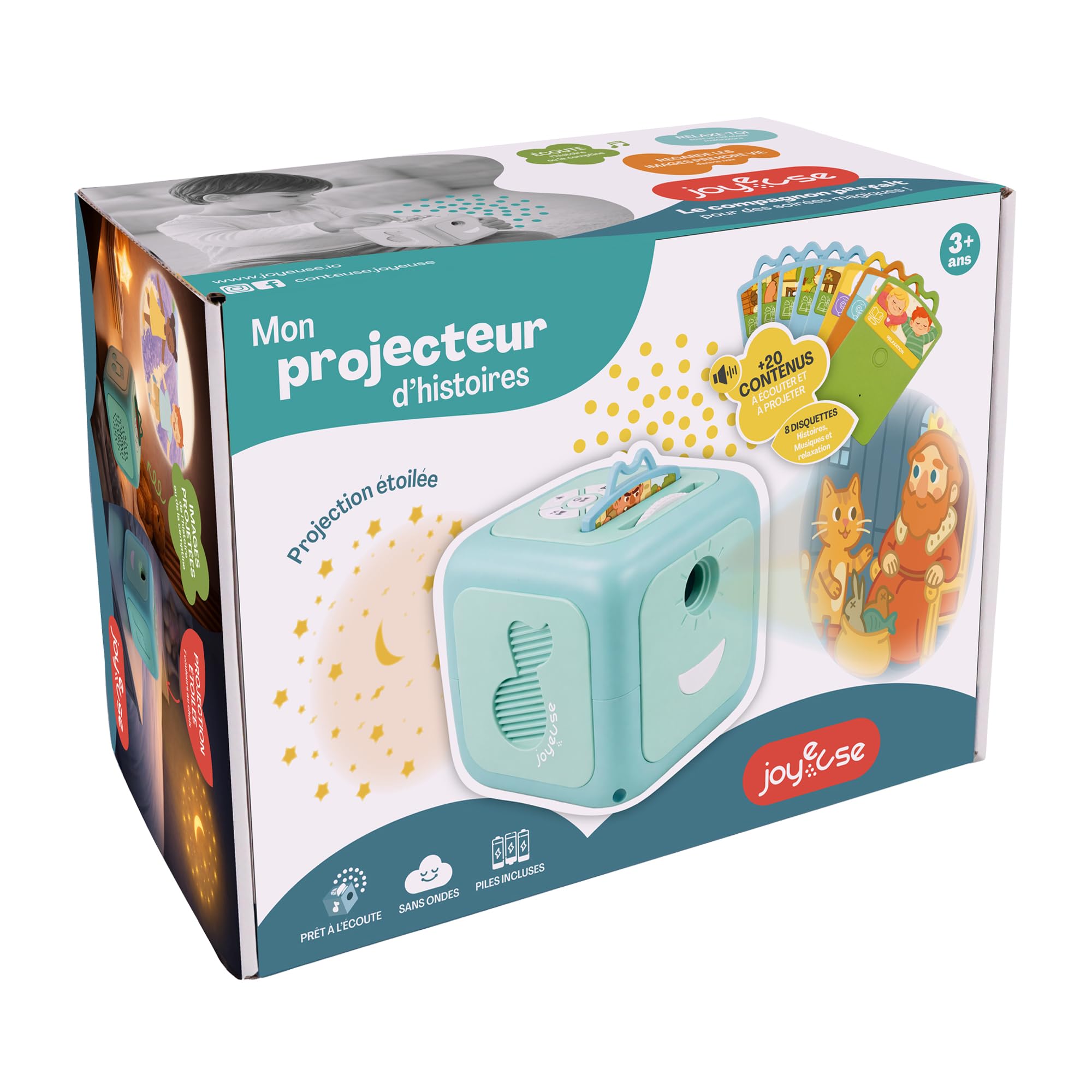 Joyeuse - Proyector Musical para Niños con Historias y Canciones Infantiles - Despertar Musical - Luz Nocturna - Proyección Estelar - 8 Discos Integrados - Pilas Incluidas - Desde 3 años