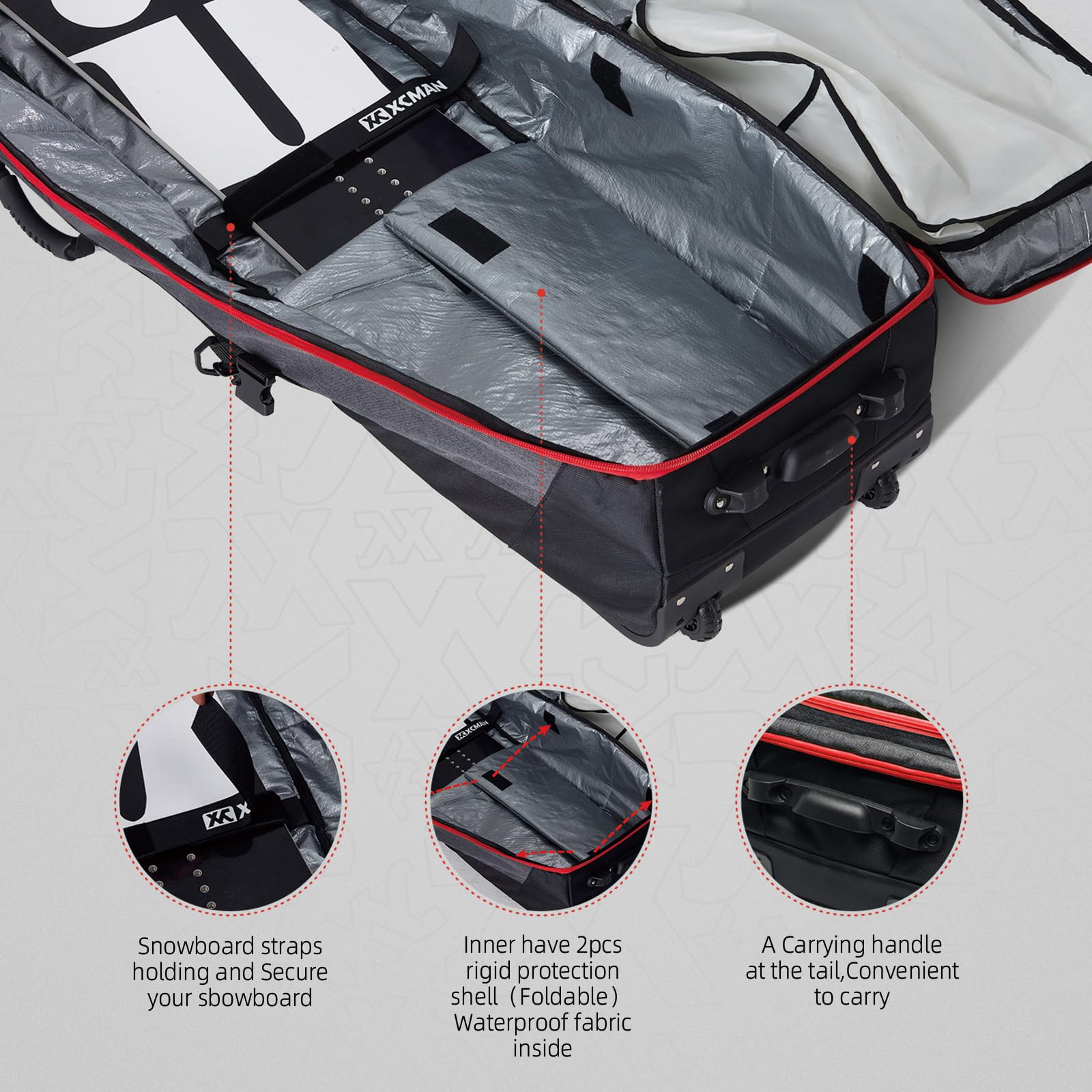 XCMAN - Bolsa de Snowboard con Ruedas, Longitud Ajustable para Viajes en avión, Extra Larga/Ancha/Profunda, Impermeable, con Varillas de protección ABS y Lomo de protección PP - Versión 2020