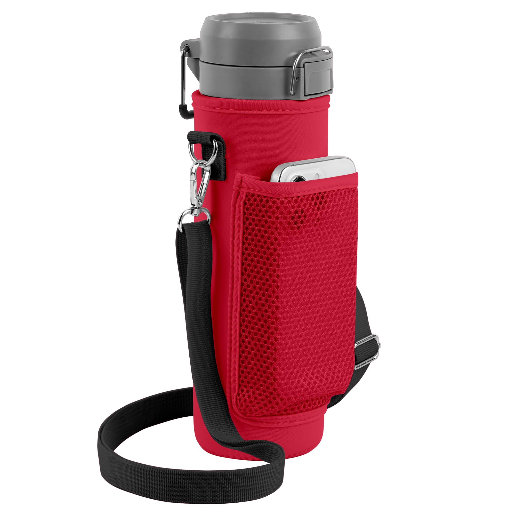 Linkidea Water Bottle Carrier with Strap Compatible with Stanley Quick Flip GO 24/36oz, IceFlow Fast Flow 24/36oz, Waterbottle Sling Bag Holder, Shoulder Strap with Phone Mesh Pocket, Red