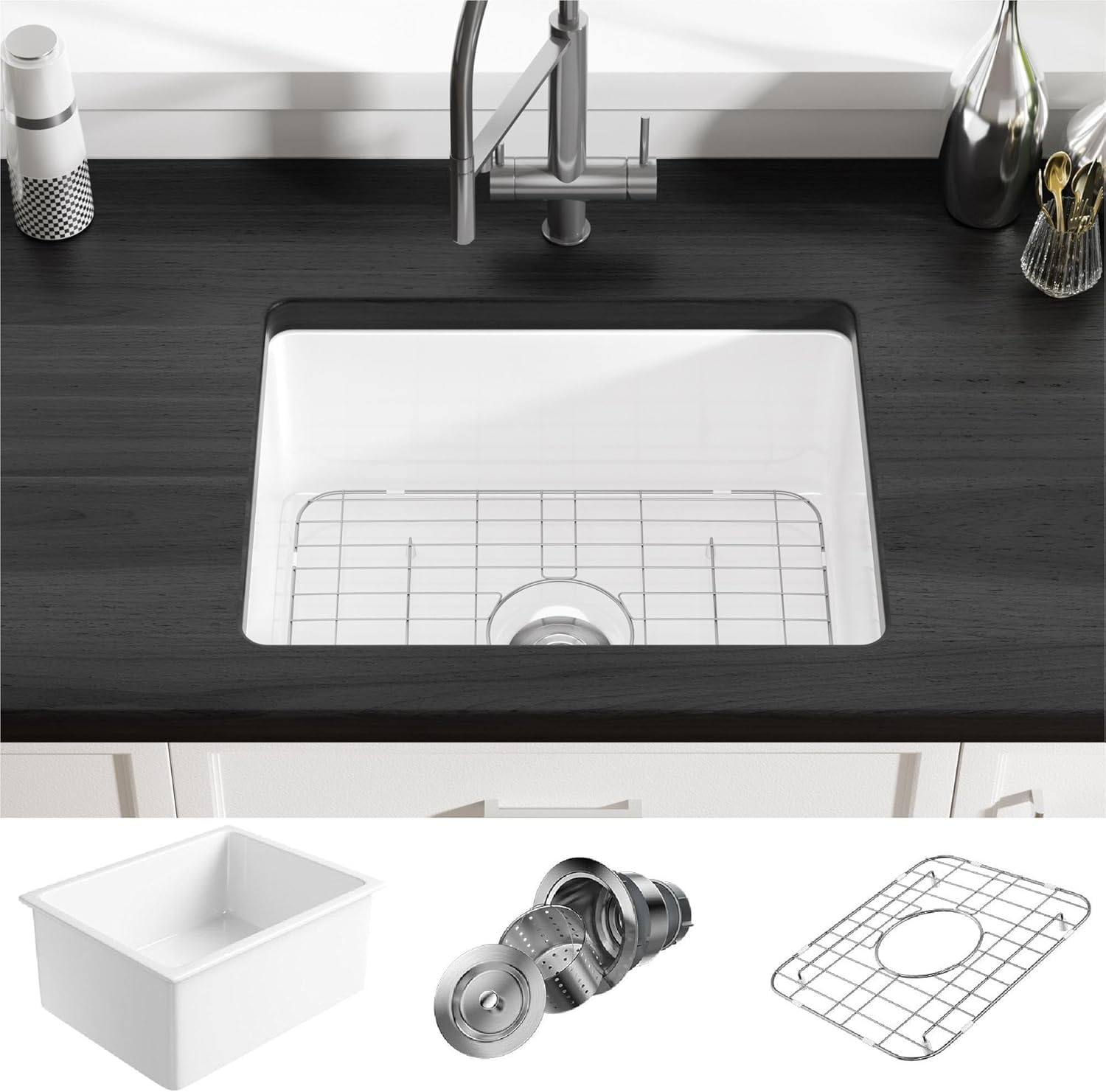 Undermount Kitchen Sink, Eridanus 24" L x 18" W Undermount Kitchen Sink White Ceramic Sink Deep Single Bowl with Bottom Grid and Strainer Drain