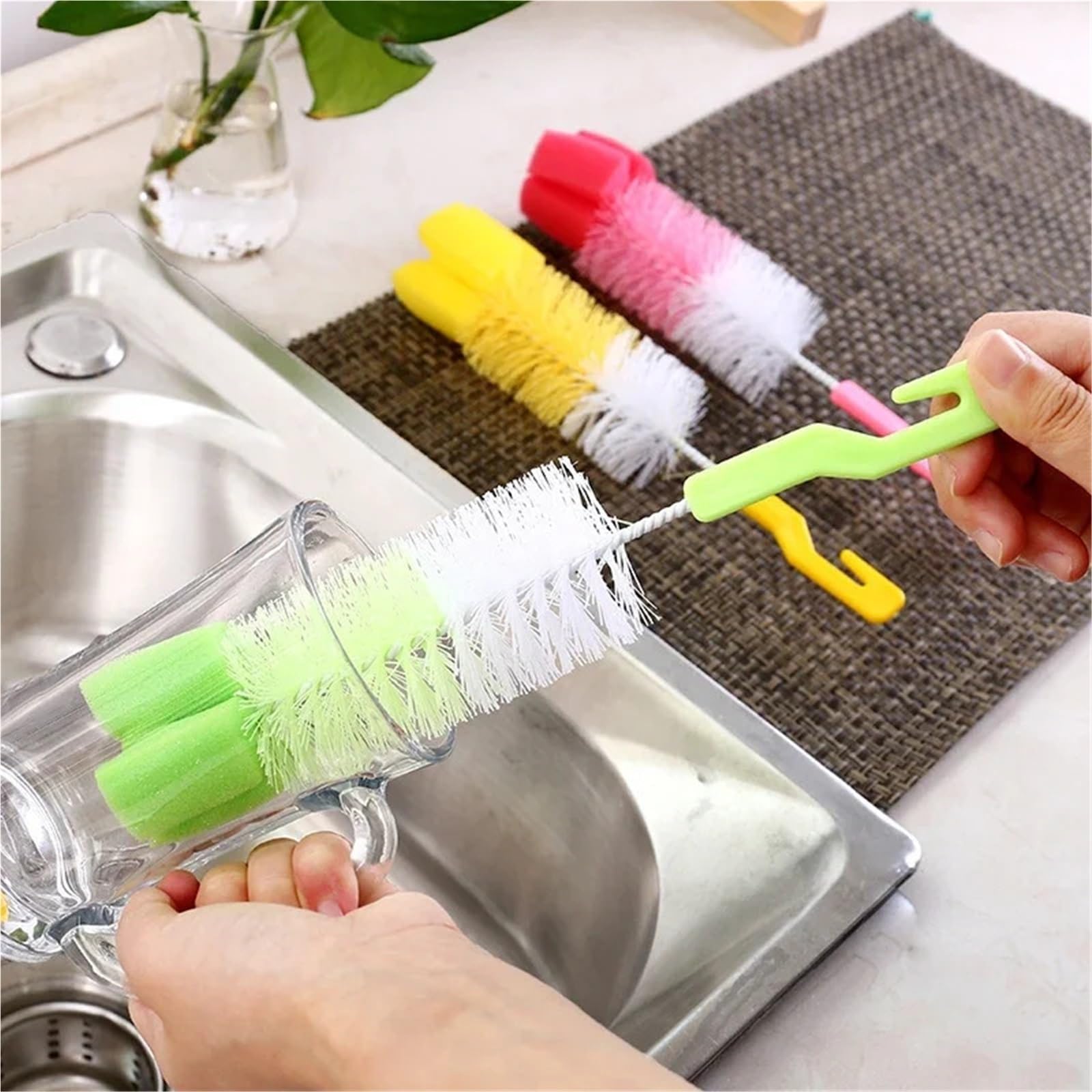 Flaschenbürste Multifunktionale Flaschenbürste mit langem Griff, feines Haar, Schwamm, Reinigung, Haushaltsgeschirrspüler, Werkzeug für die Küche(2PCS-Mixed Color)
