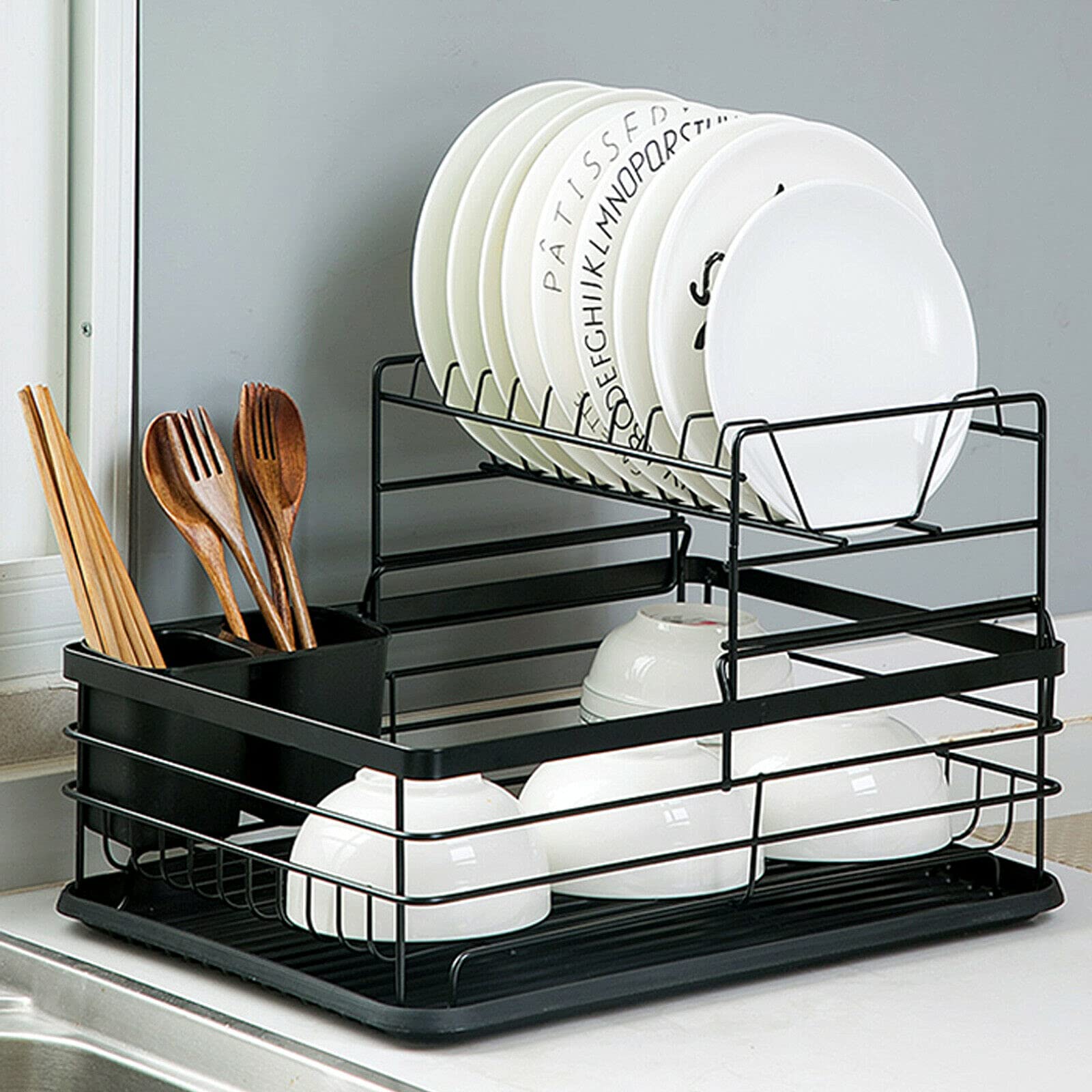 Escurridor de 2 niveles, escurridor, capa para secar platos, escurridor, soporte para cubiertos, protección contra la corrosión, estante de hierro