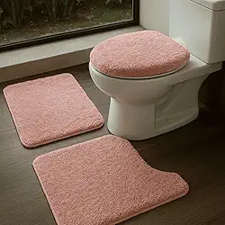 Jogo de Tapetes Antiderrapantes para Banheiro - Conjunto com 3 Peças em Algodão - Elegância e Segurança (Rosa)