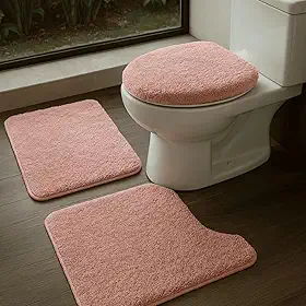 Jogo de Tapetes Antiderrapantes para Banheiro - Conjunto com 3 Peças em Algodão - Elegância e Segurança (Rosa)