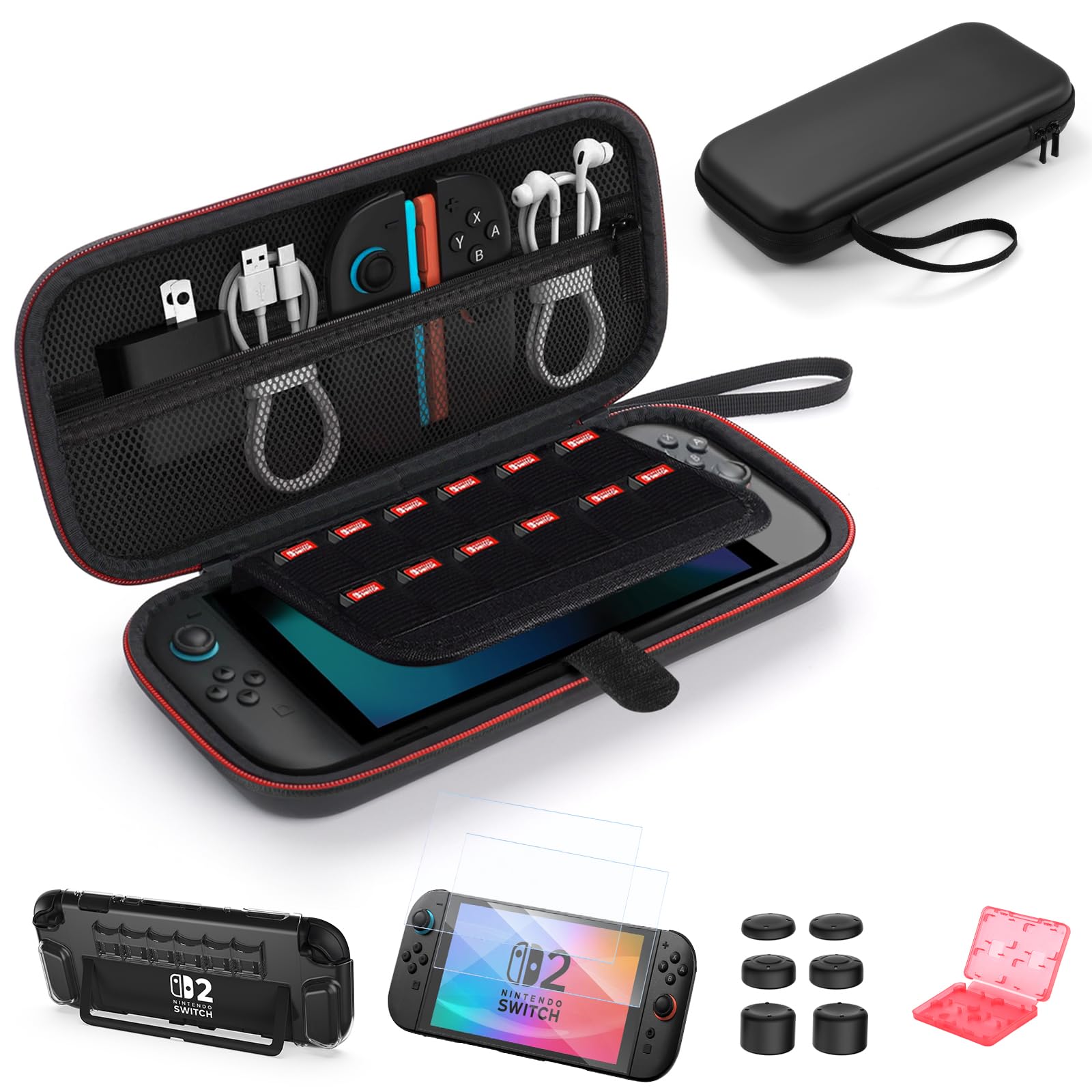 ByDiffer Custodia per Nintendo Switch 2 Accessori Kit 14-in-1 con 2 Pellicole Protettive, 1 Cover Trasparente PC, 6 Cappelli Joystick, 1 Cassa della carta del gioco, 1 Custodia Protettiva, Nero