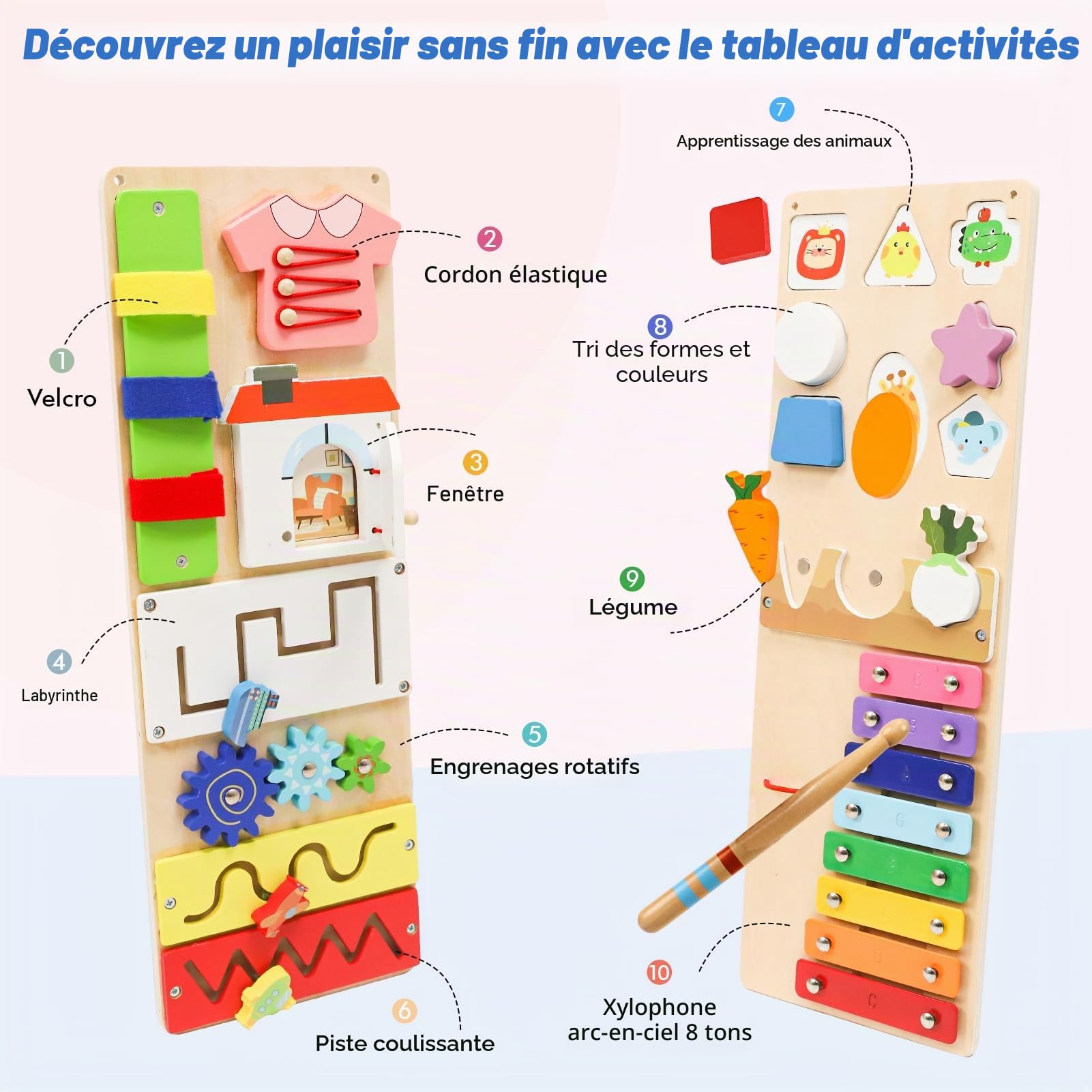 LZDMY Busy Board Montessori Âge 1 2 3 Ans, 2 en 1 Planche Activité Montessori, Tableau Activité Jeux Educatif, Jouet d'Éveil en Bois Sensoriel Parcours pour Bébé, Idéal Cadeau pour Garçons Filles